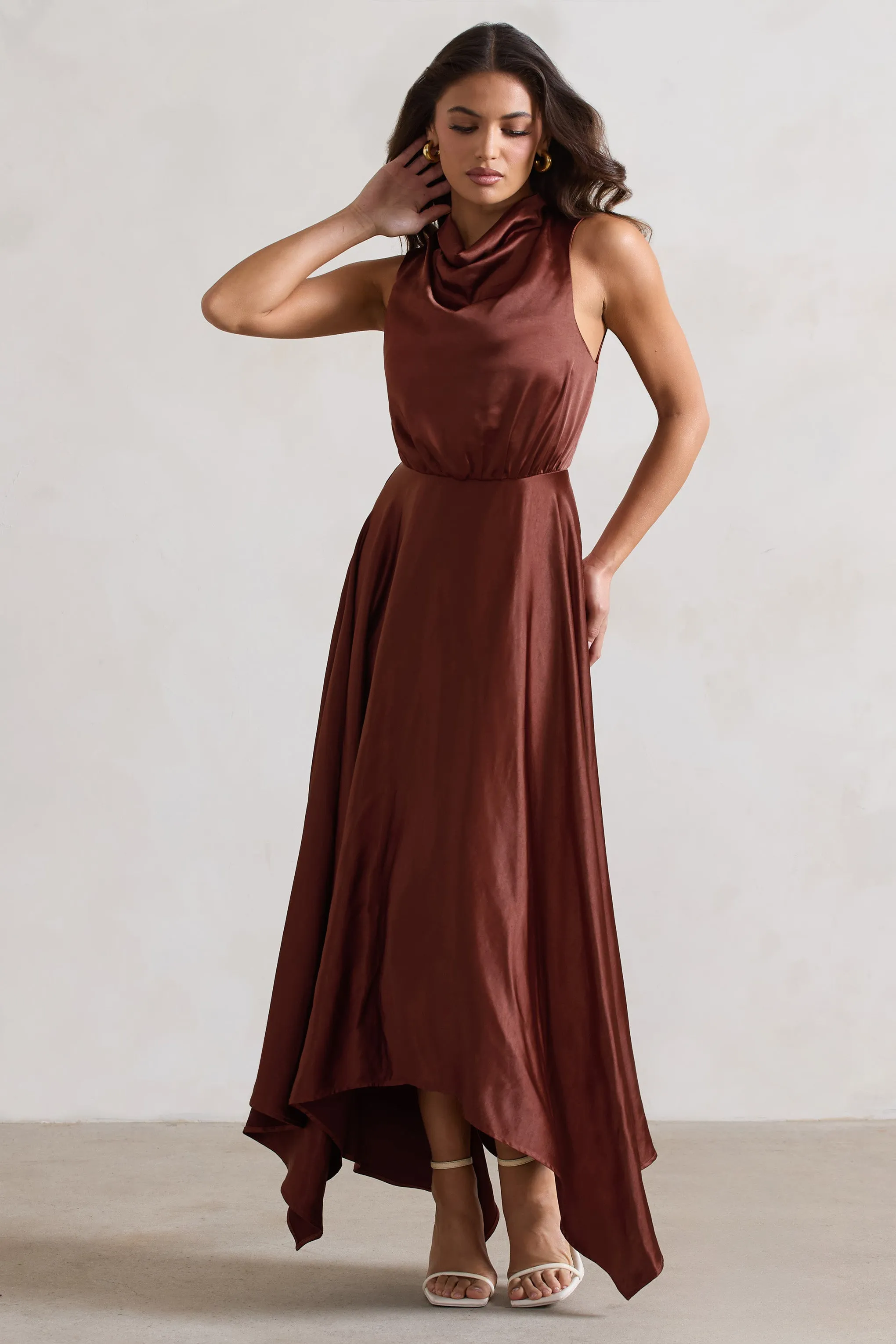 Kerri | Chocolate Brown Satin Cowl-Neck Maxi Dress Club L London