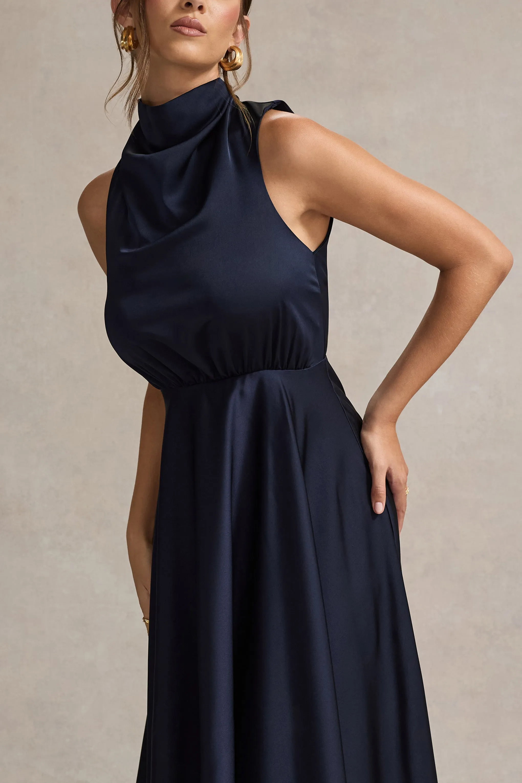 Kerri | Navy Satin Cowl-Neck Maxi Dress Club L London
