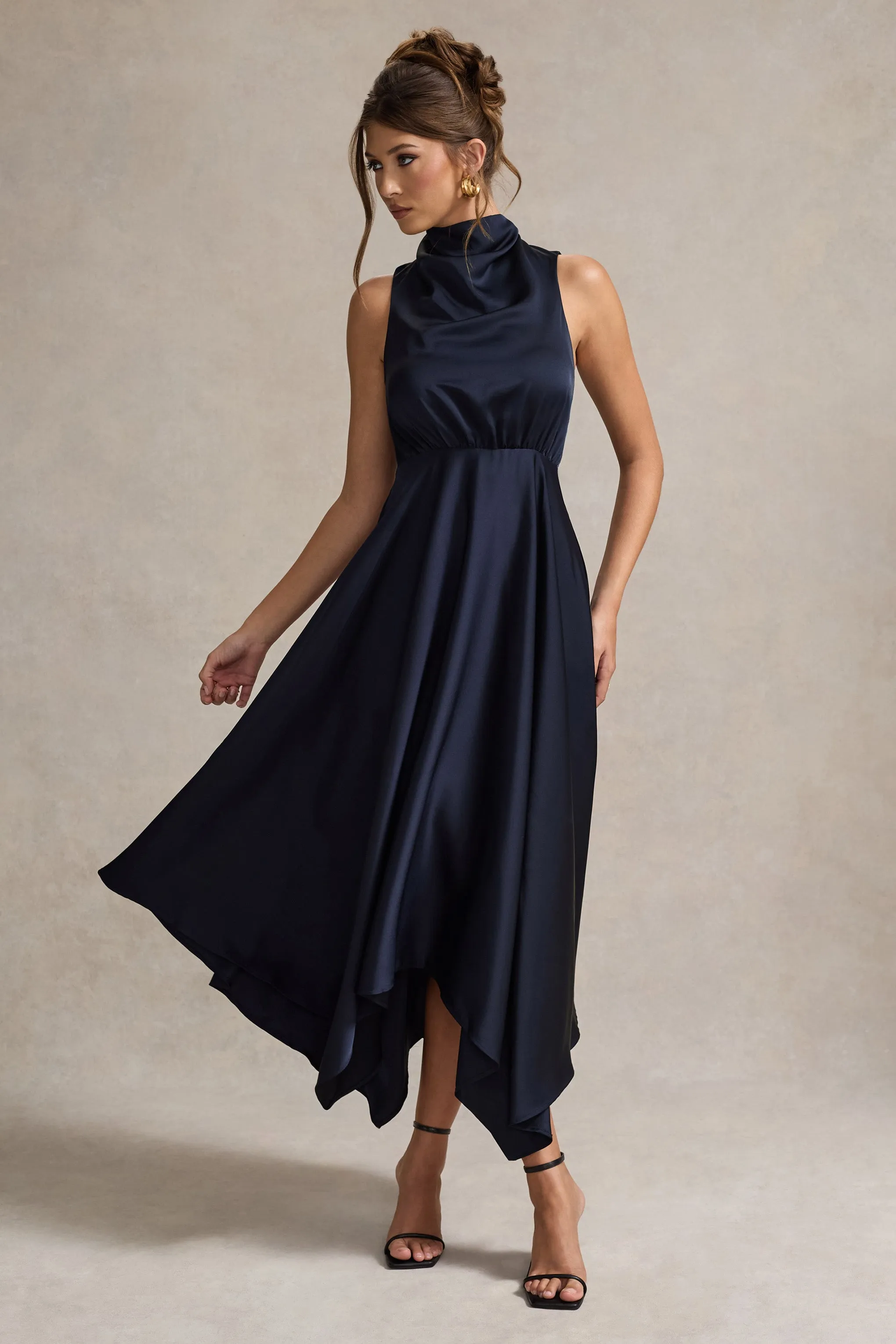 Kerri | Navy Satin Cowl-Neck Maxi Dress Club L London