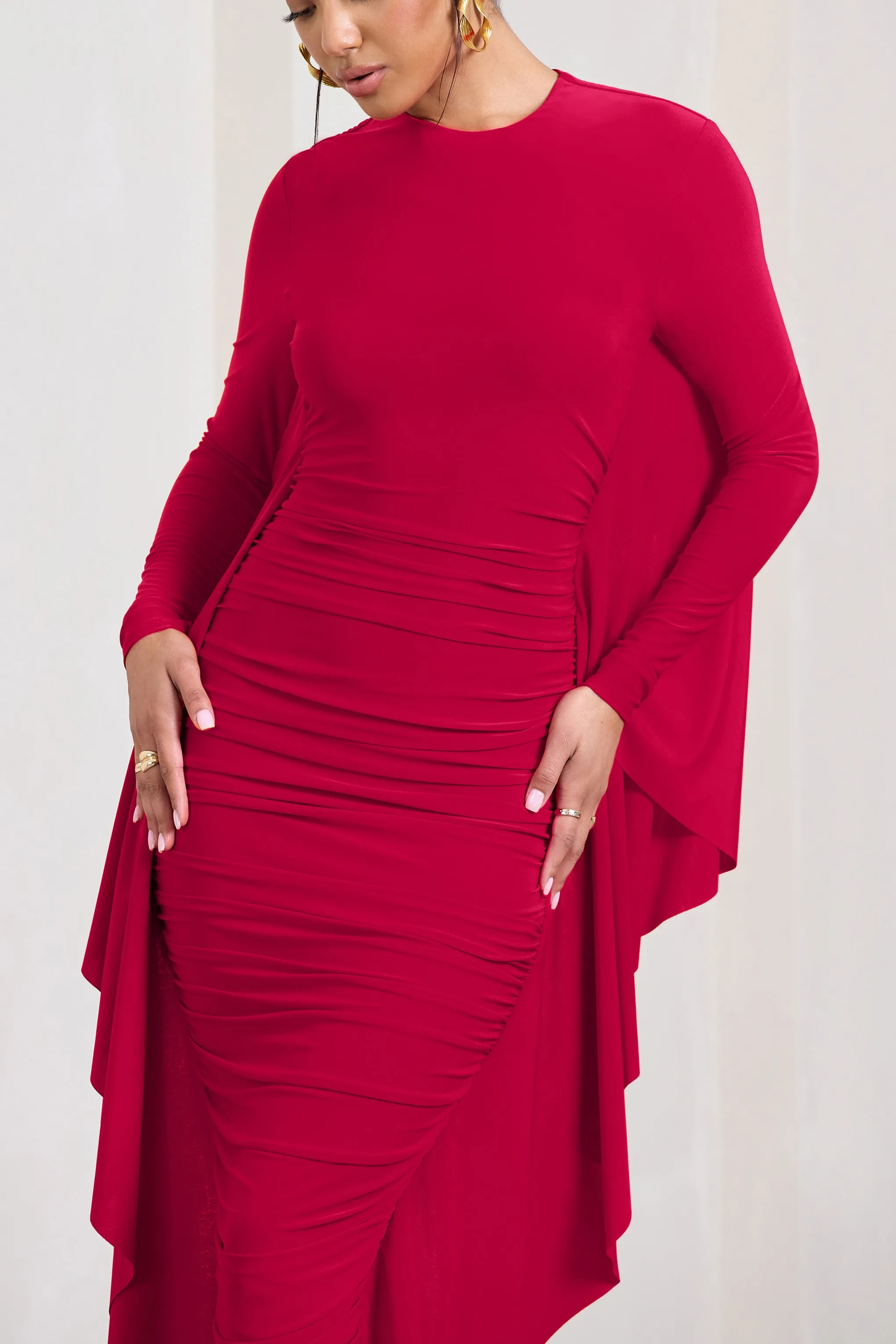 Keva | Red Long Sleeve Ruched Maxi Dress with Cape Detailing Club L London