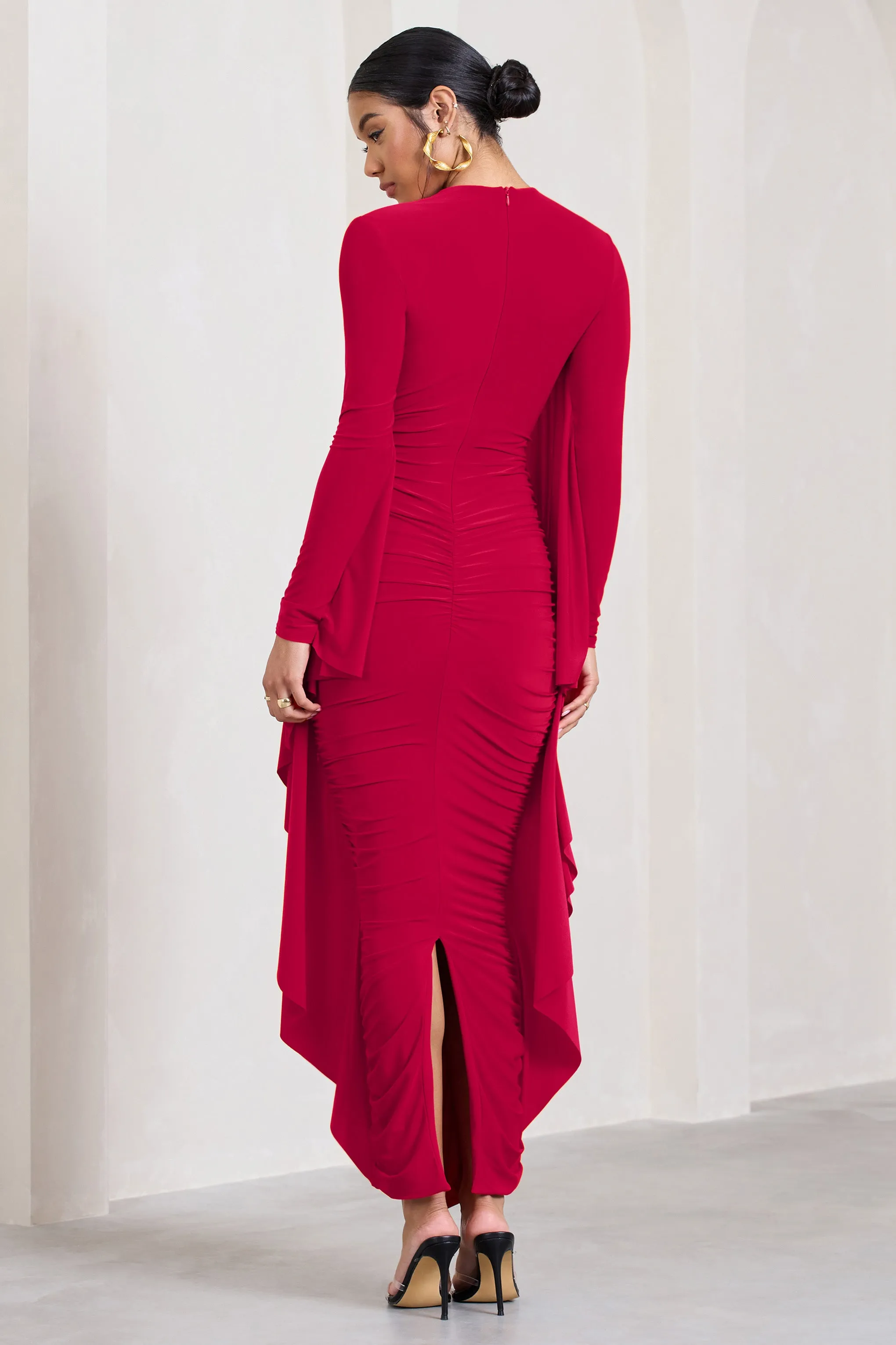 Keva | Red Long Sleeve Ruched Maxi Dress with Cape Detailing Club L London