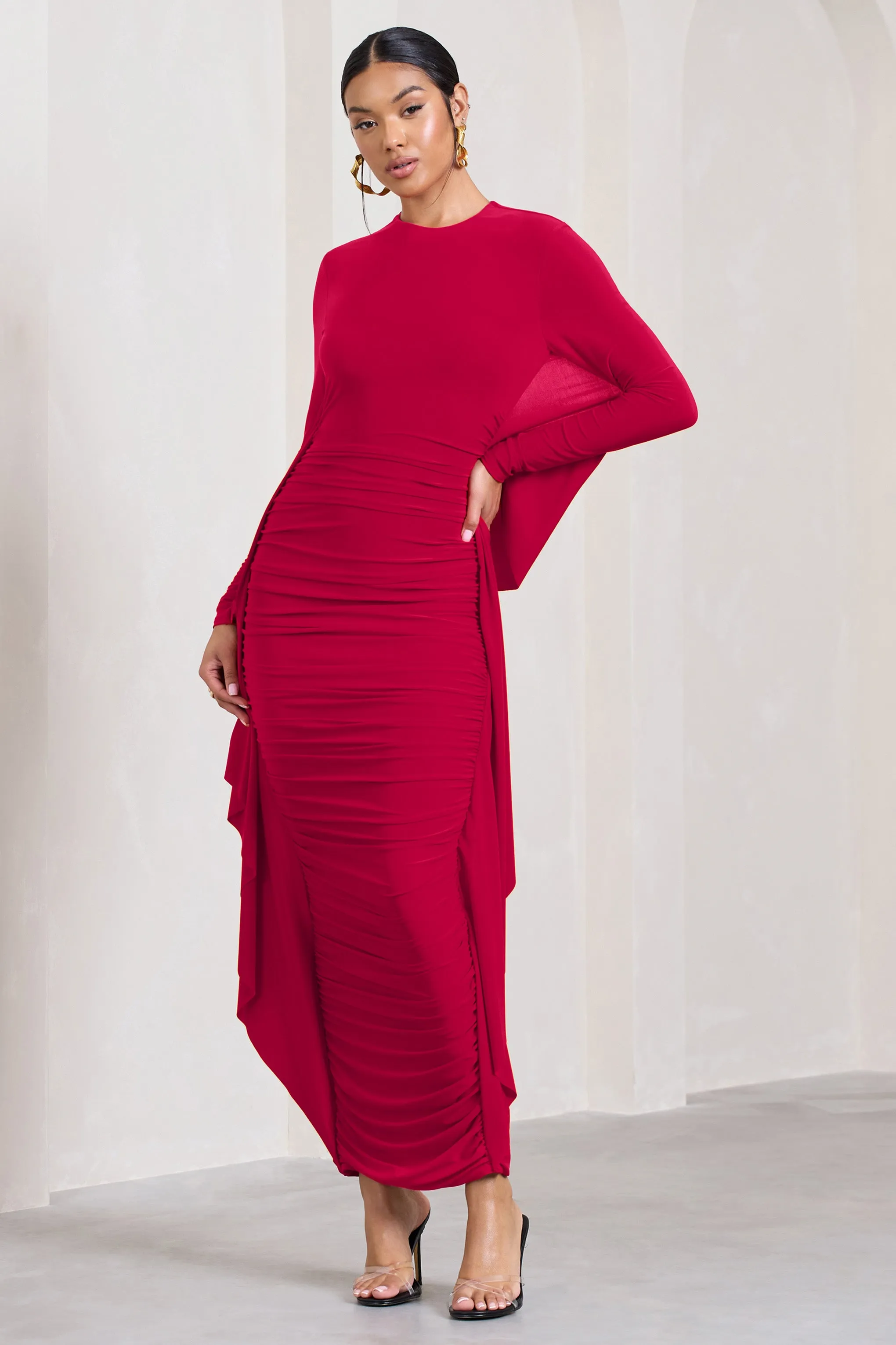 Keva | Red Long Sleeve Ruched Maxi Dress with Cape Detailing Club L London