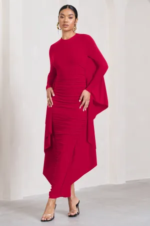 Keva | Red Long Sleeve Ruched Maxi Dress with Cape Detailing Club L London