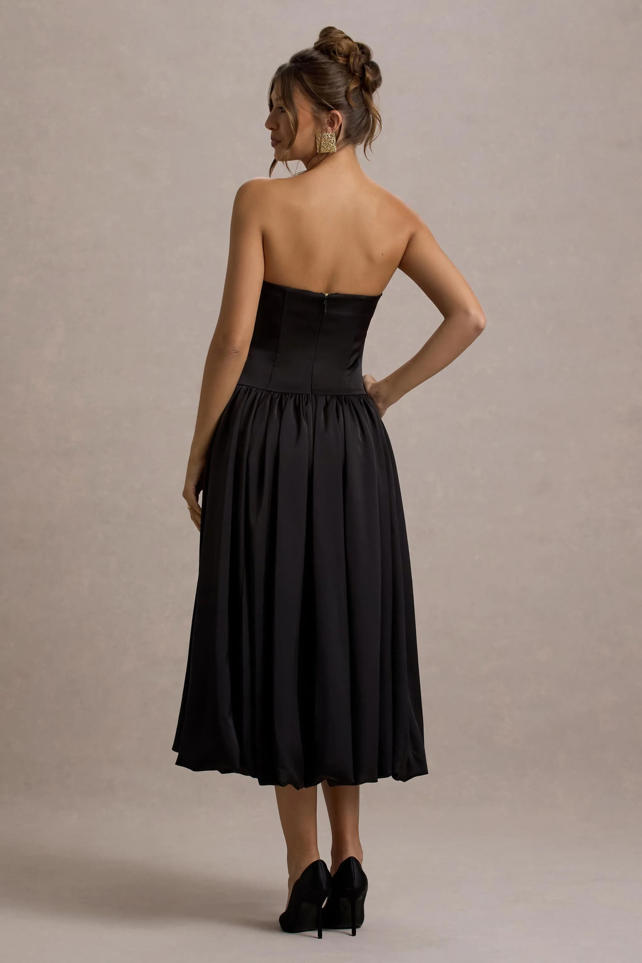 Keyton | Black Satin Bandeau Midi Dress Club L London