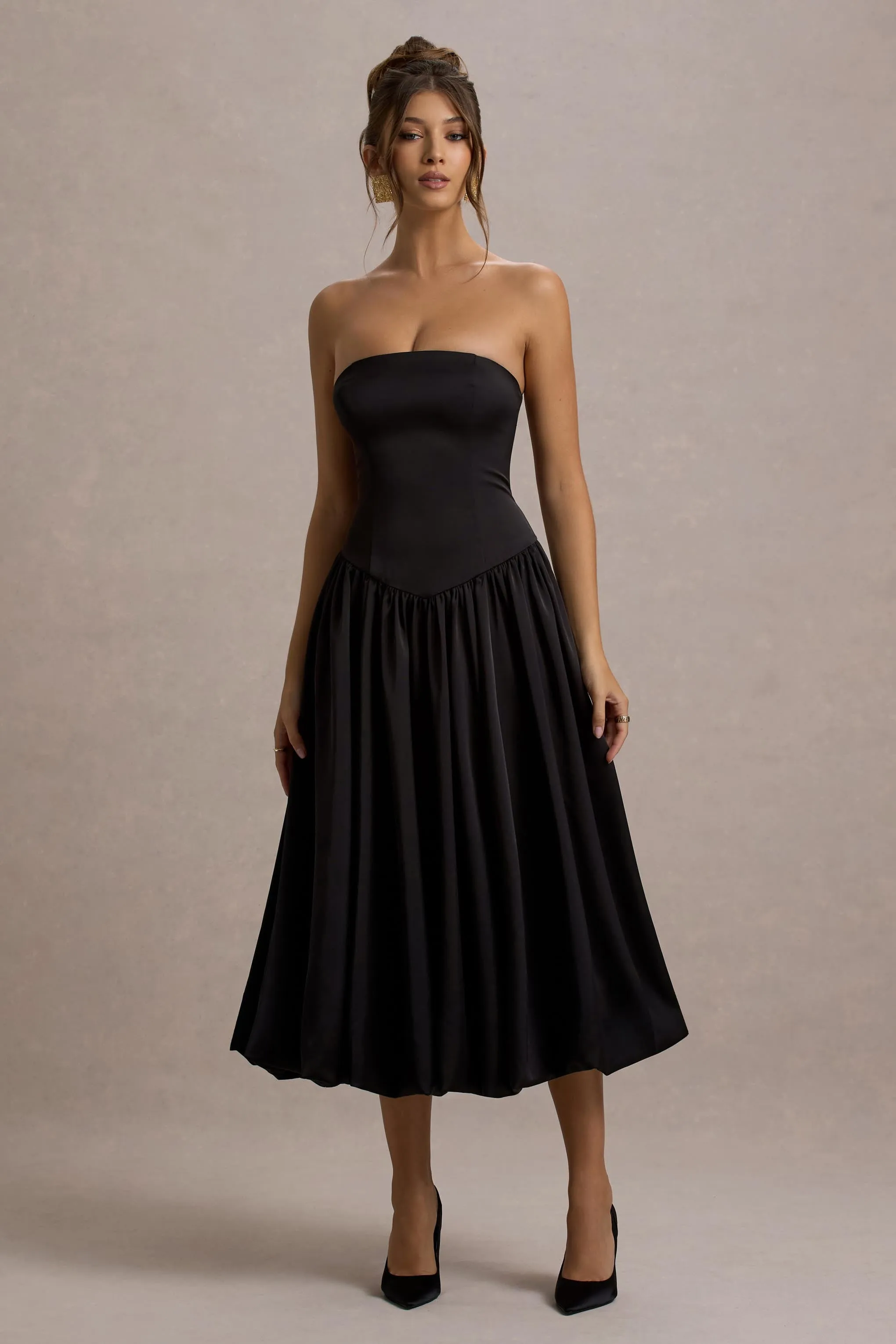 Keyton | Black Satin Bandeau Midi Dress Club L London