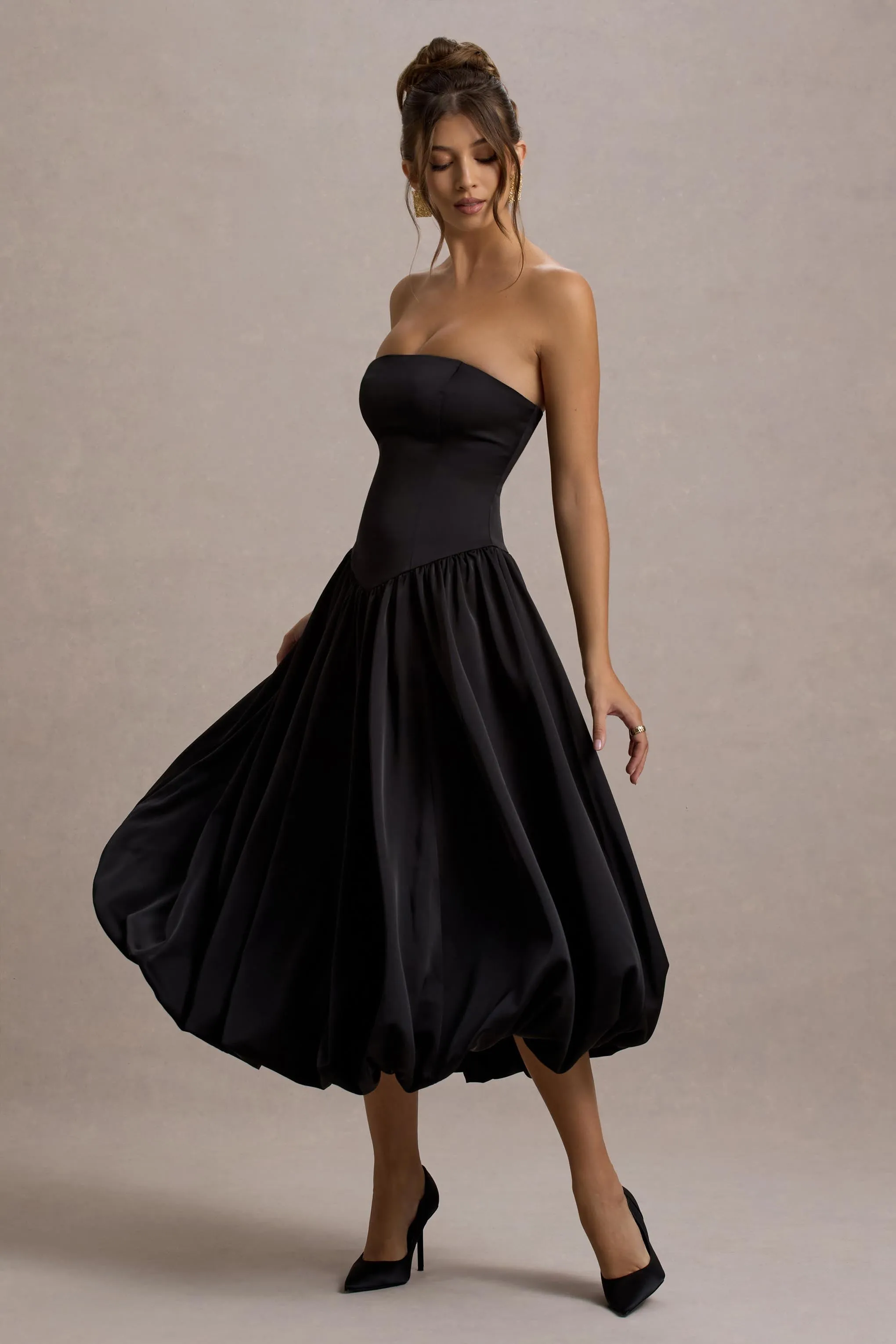 Keyton | Black Satin Bandeau Midi Dress Club L London