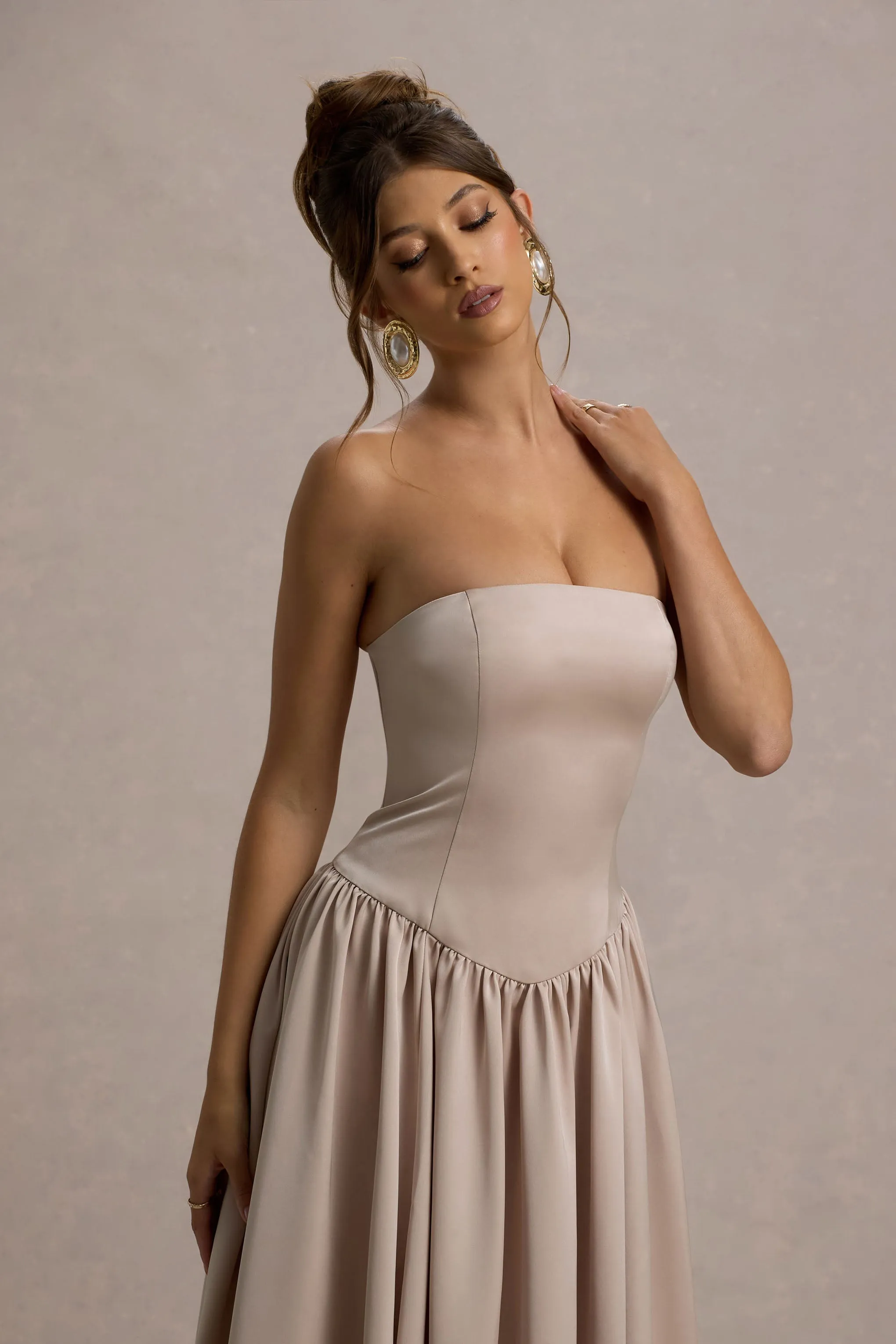 Keyton | Champagne Satin Bandeau Midi Dress Club L London