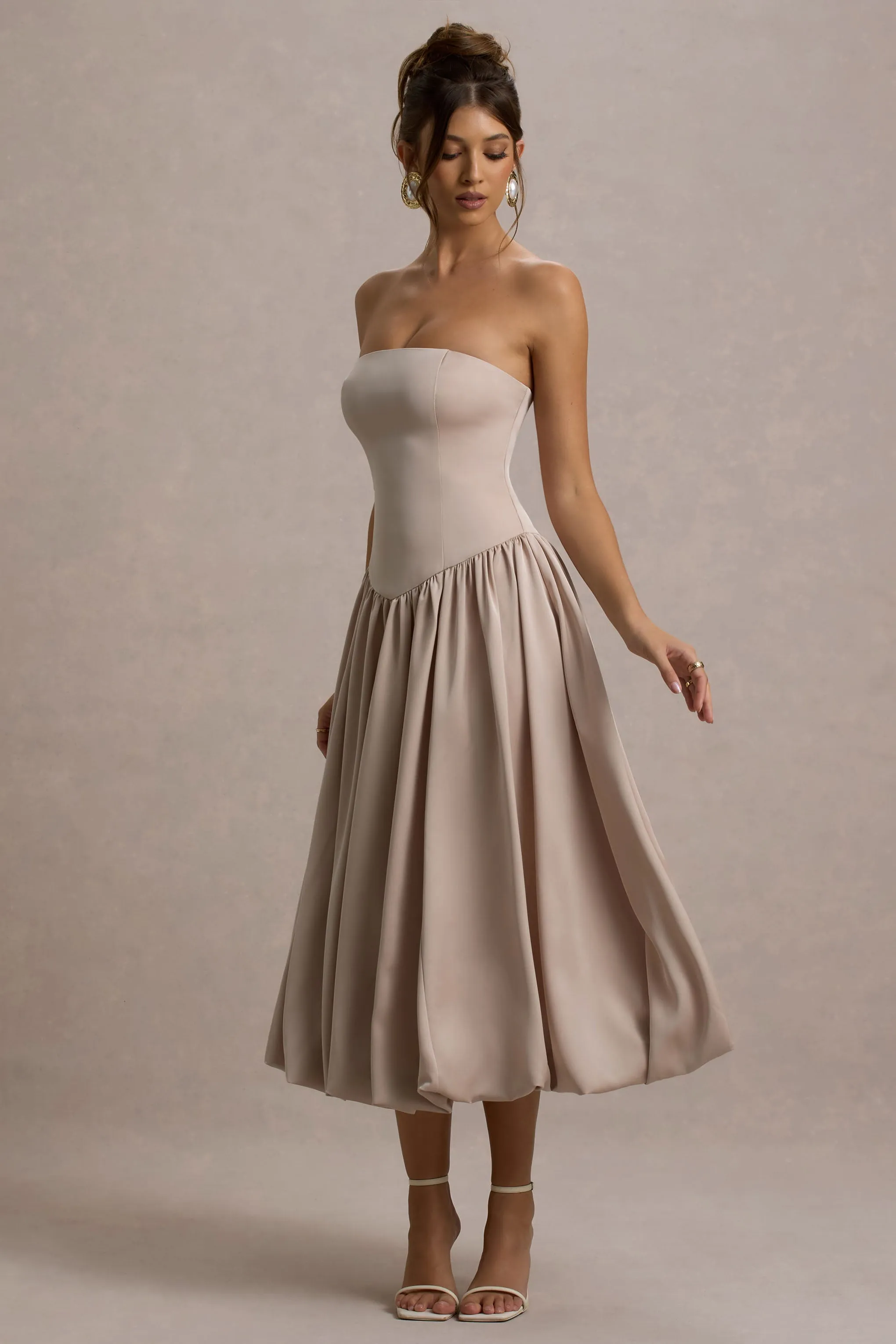 Keyton | Champagne Satin Bandeau Midi Dress Club L London
