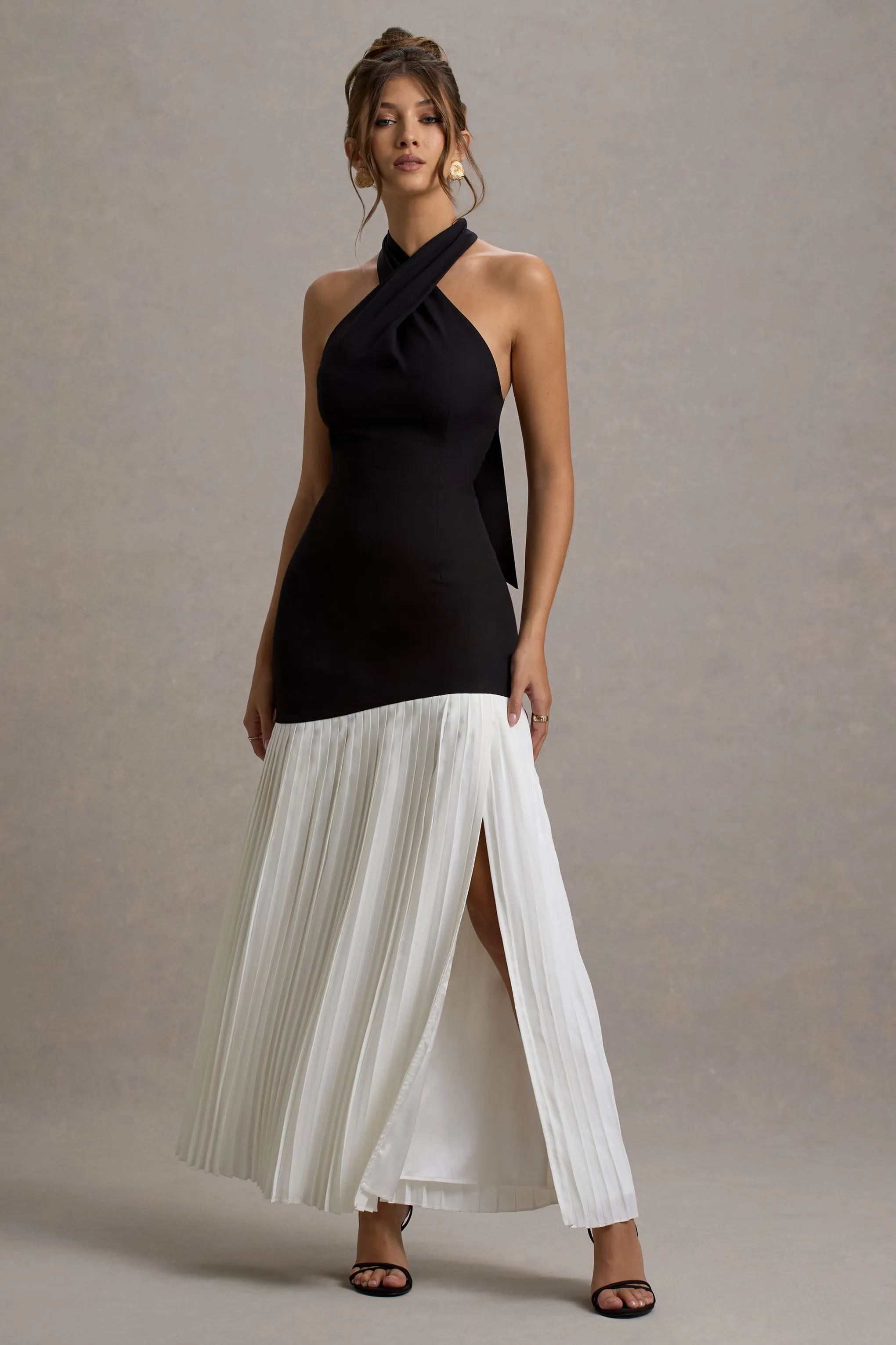 Khai | Black & White Halter-Neck Maxi Dress With Plisse Skirt Club L London