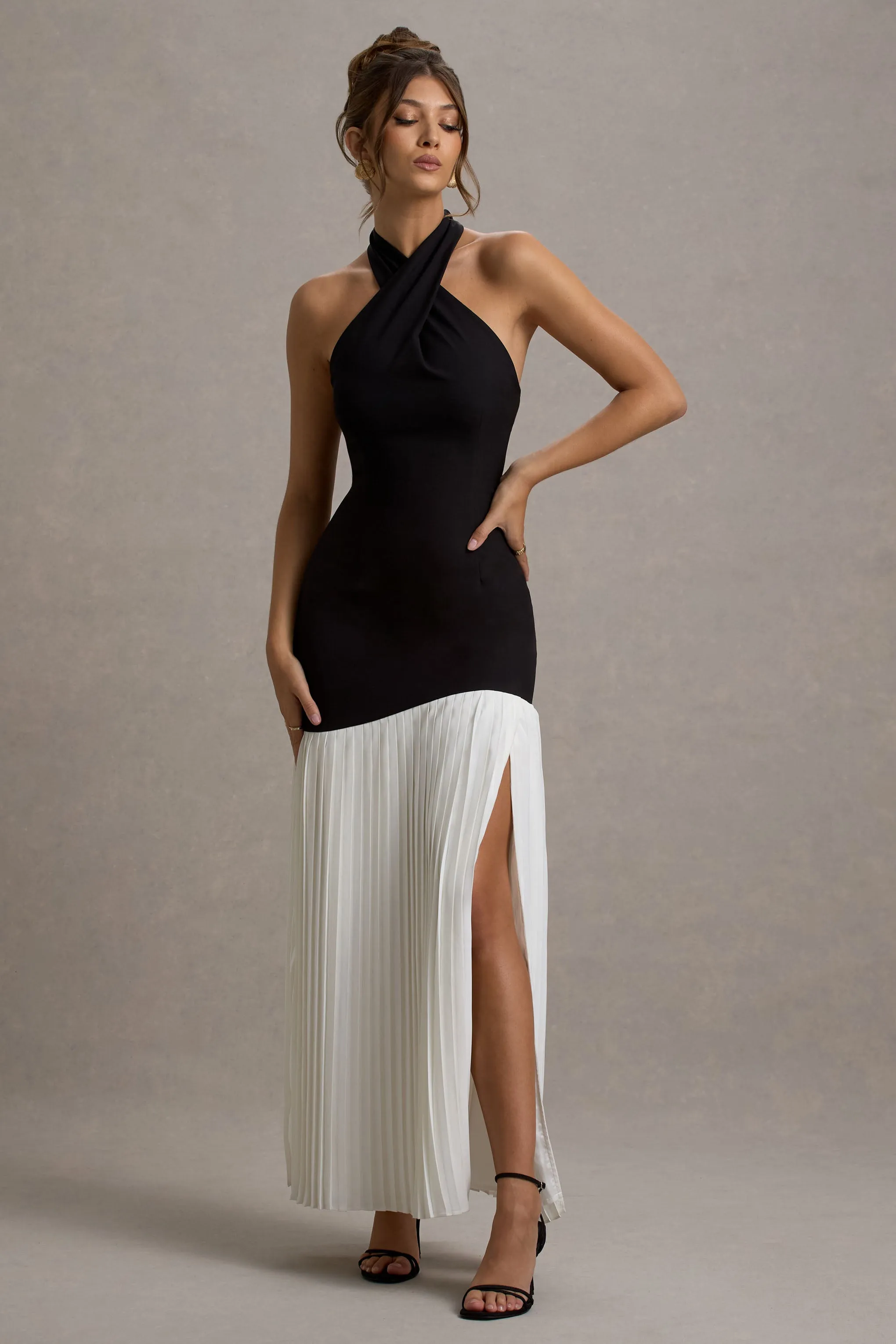 Khai | Black & White Halter-Neck Maxi Dress With Plisse Skirt Club L London