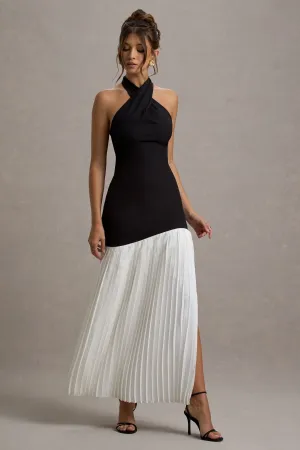 Khai | Black & White Halter-Neck Maxi Dress With Plisse Skirt Club L London