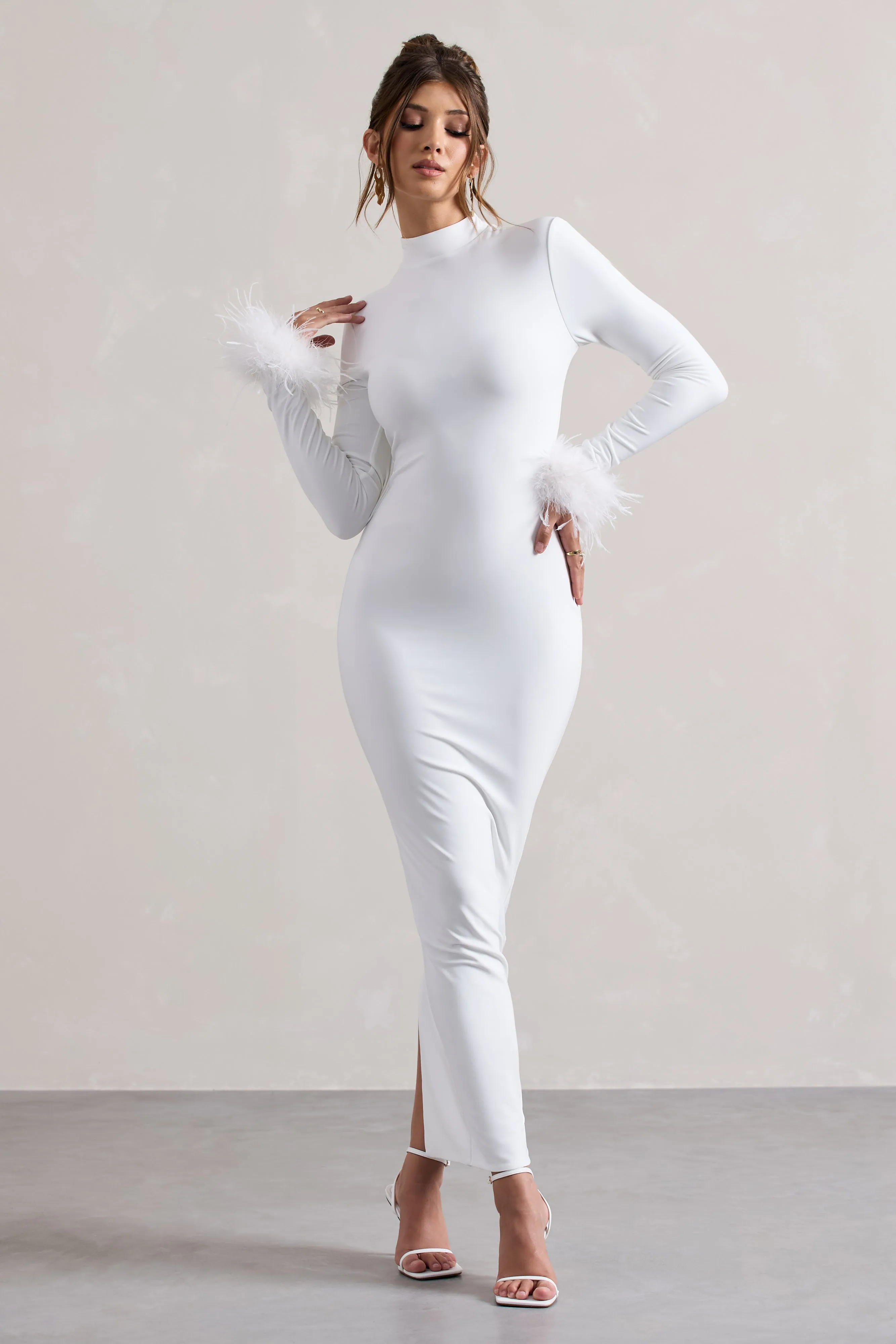 Khalia | White High-Neck Feather-Cuff Maxi Dress Club L London