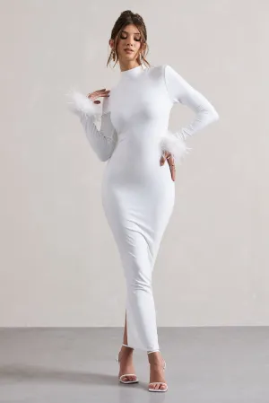 Khalia | White High-Neck Feather-Cuff Maxi Dress Club L London