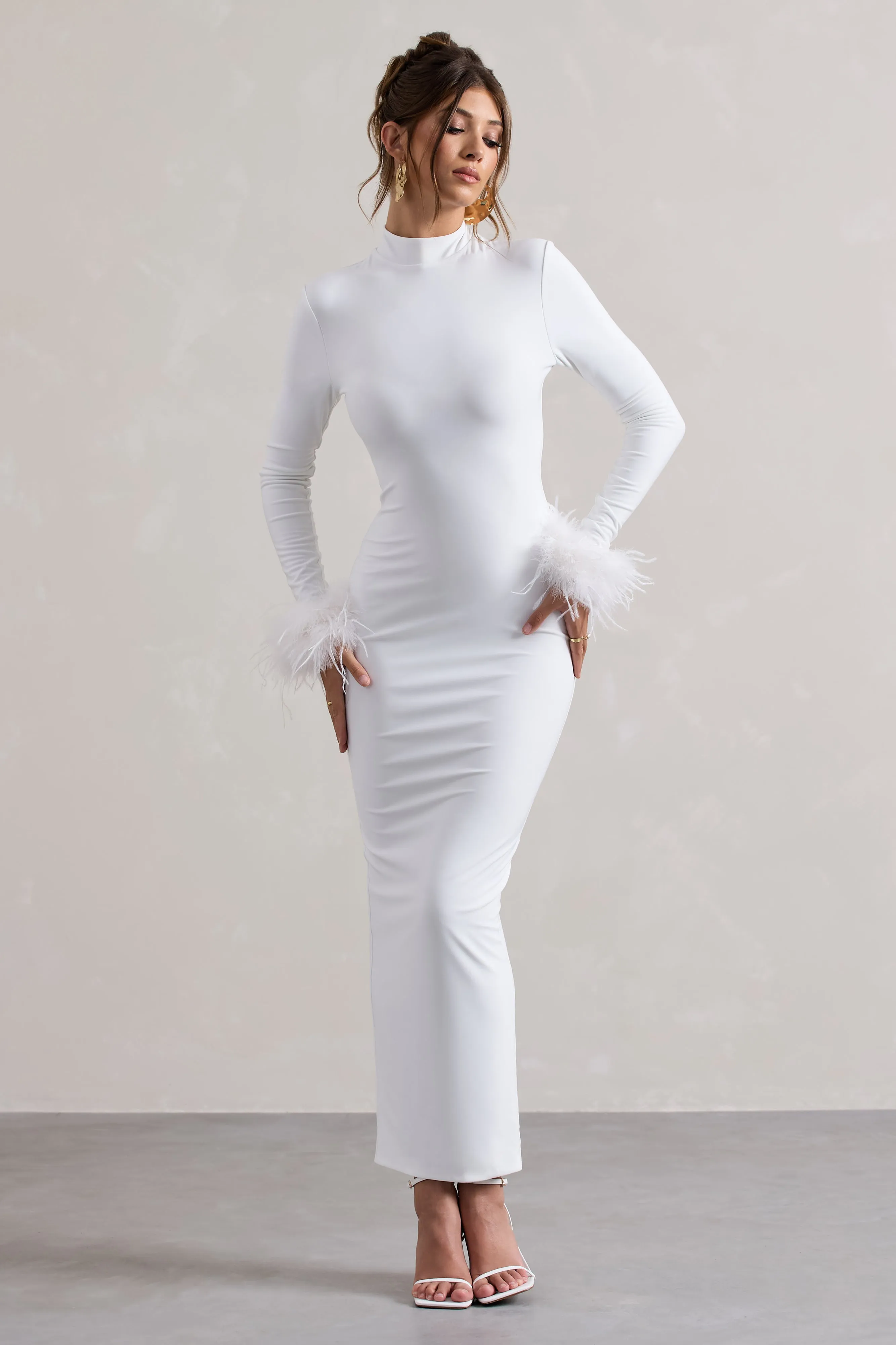 Khalia | White High-Neck Feather-Cuff Maxi Dress Club L London