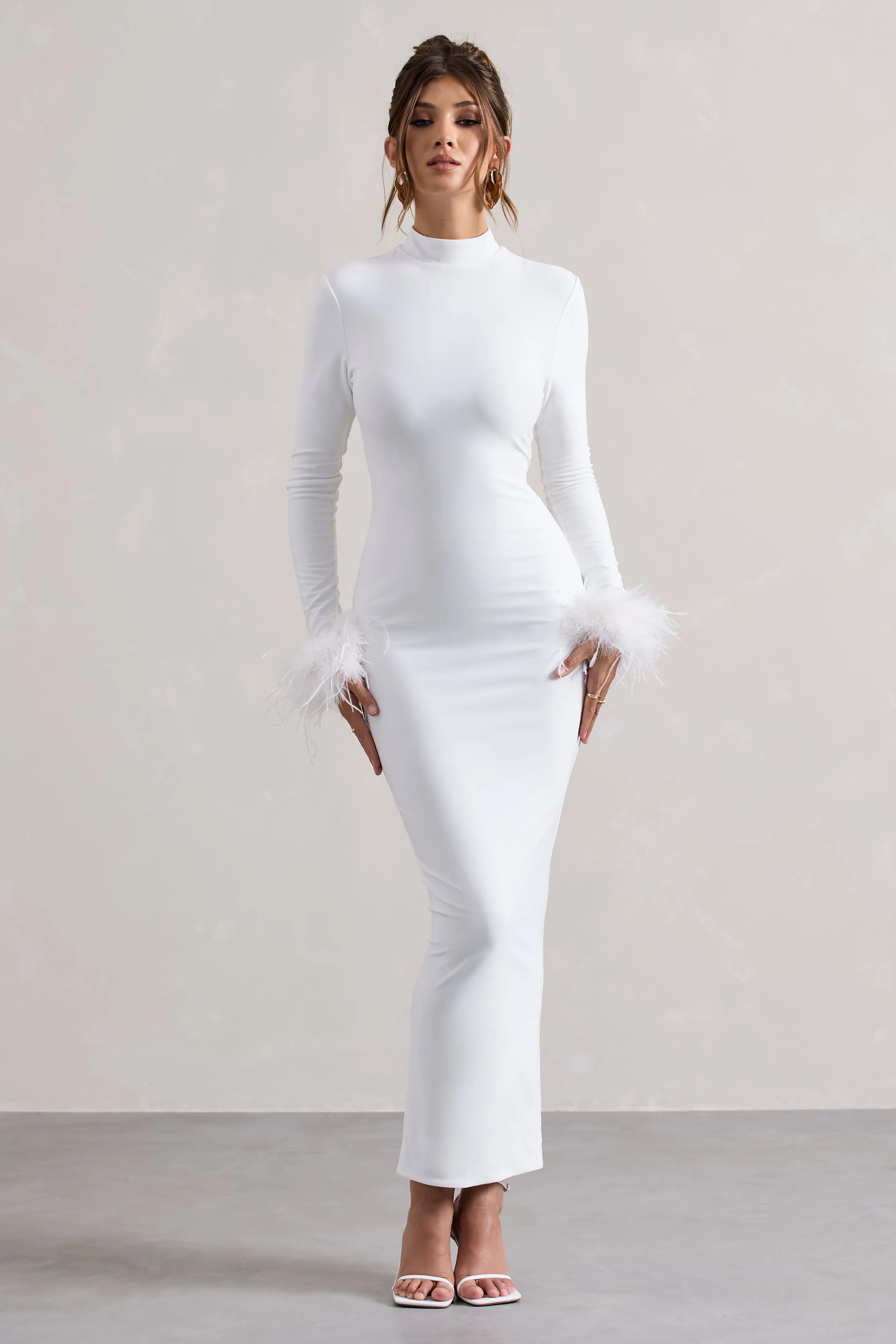 Khalia | White High-Neck Feather-Cuff Maxi Dress Club L London