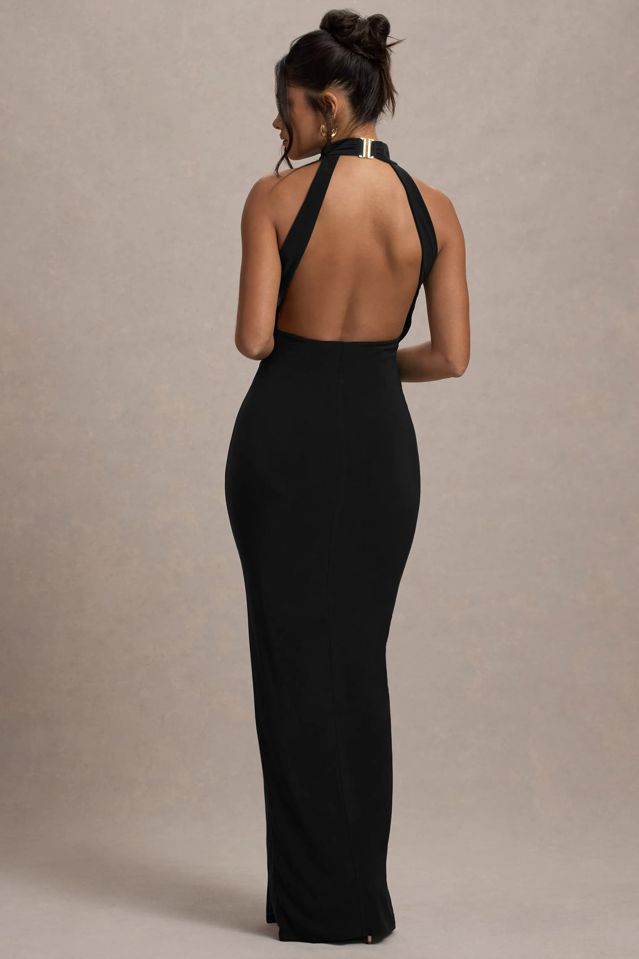 Khari | Black High-Neck Twisted Maxi Dress With Drape Club L London