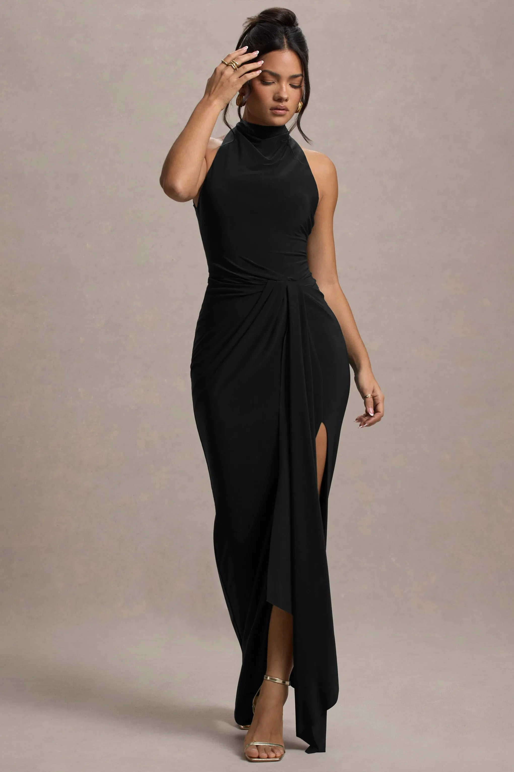 Khari | Black High-Neck Twisted Maxi Dress With Drape Club L London