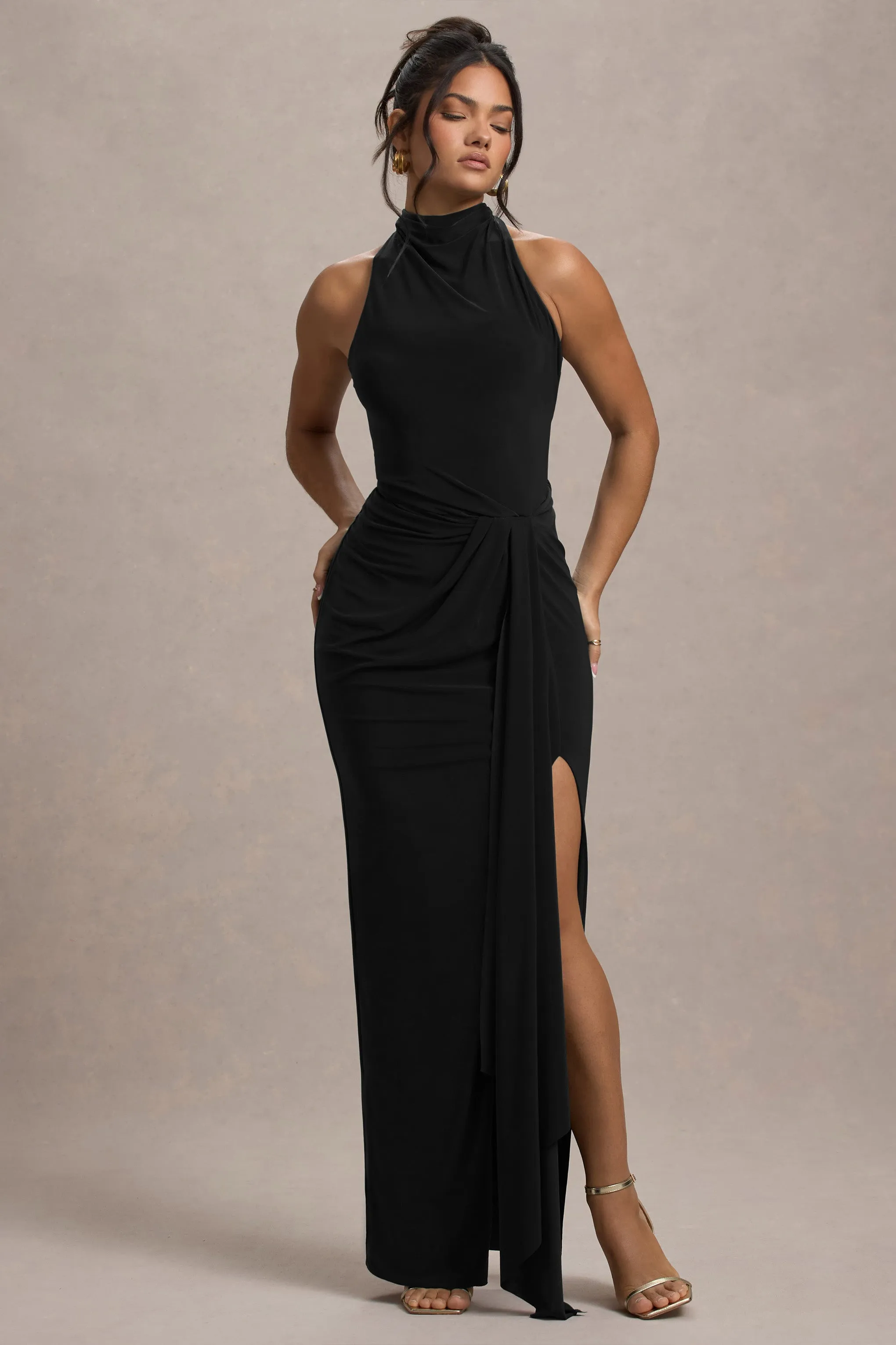 Khari | Black High-Neck Twisted Maxi Dress With Drape Club L London