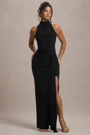 Khari | Black High-Neck Twisted Maxi Dress With Drape Club L London