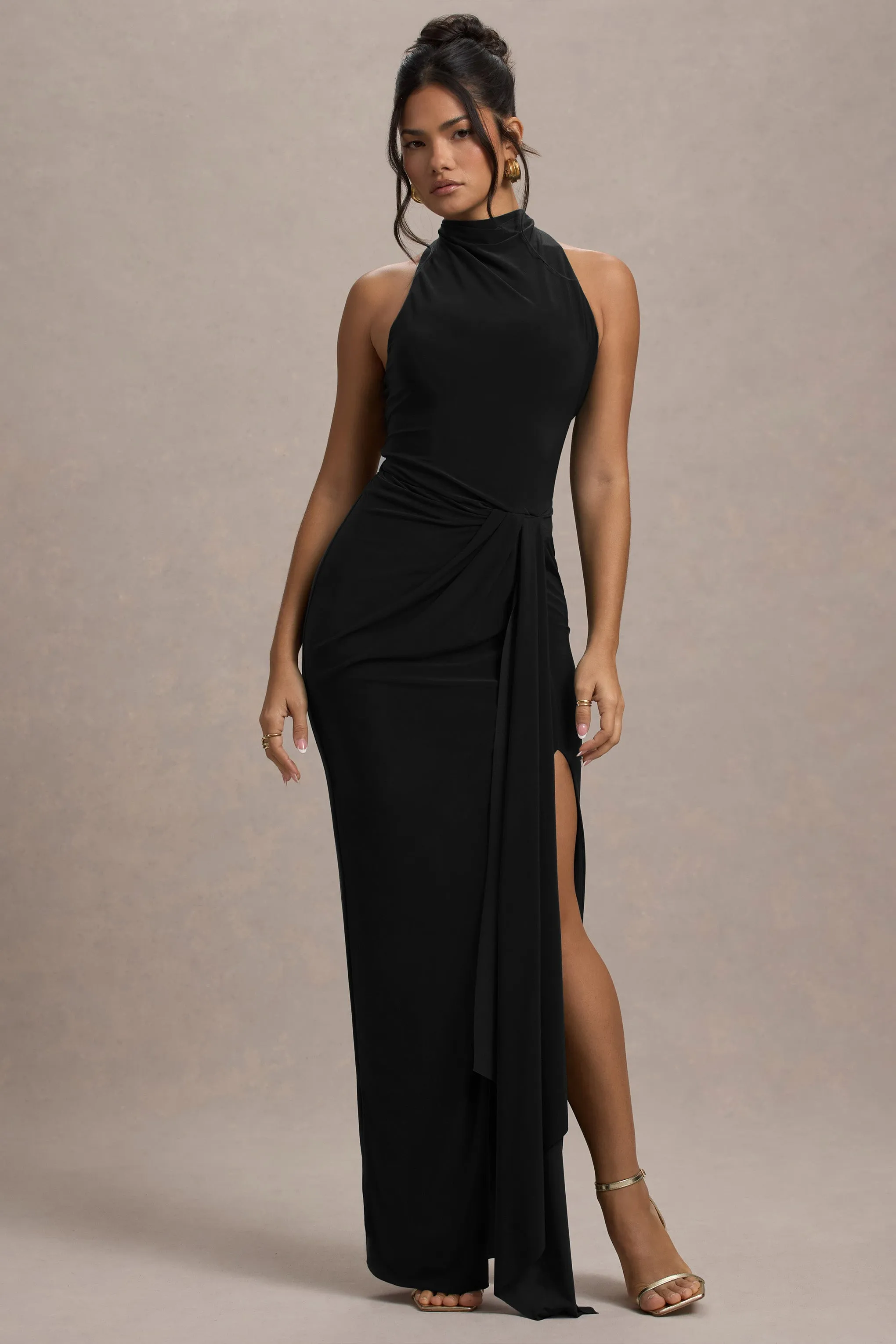 Khari | Black High-Neck Twisted Maxi Dress With Drape Club L London