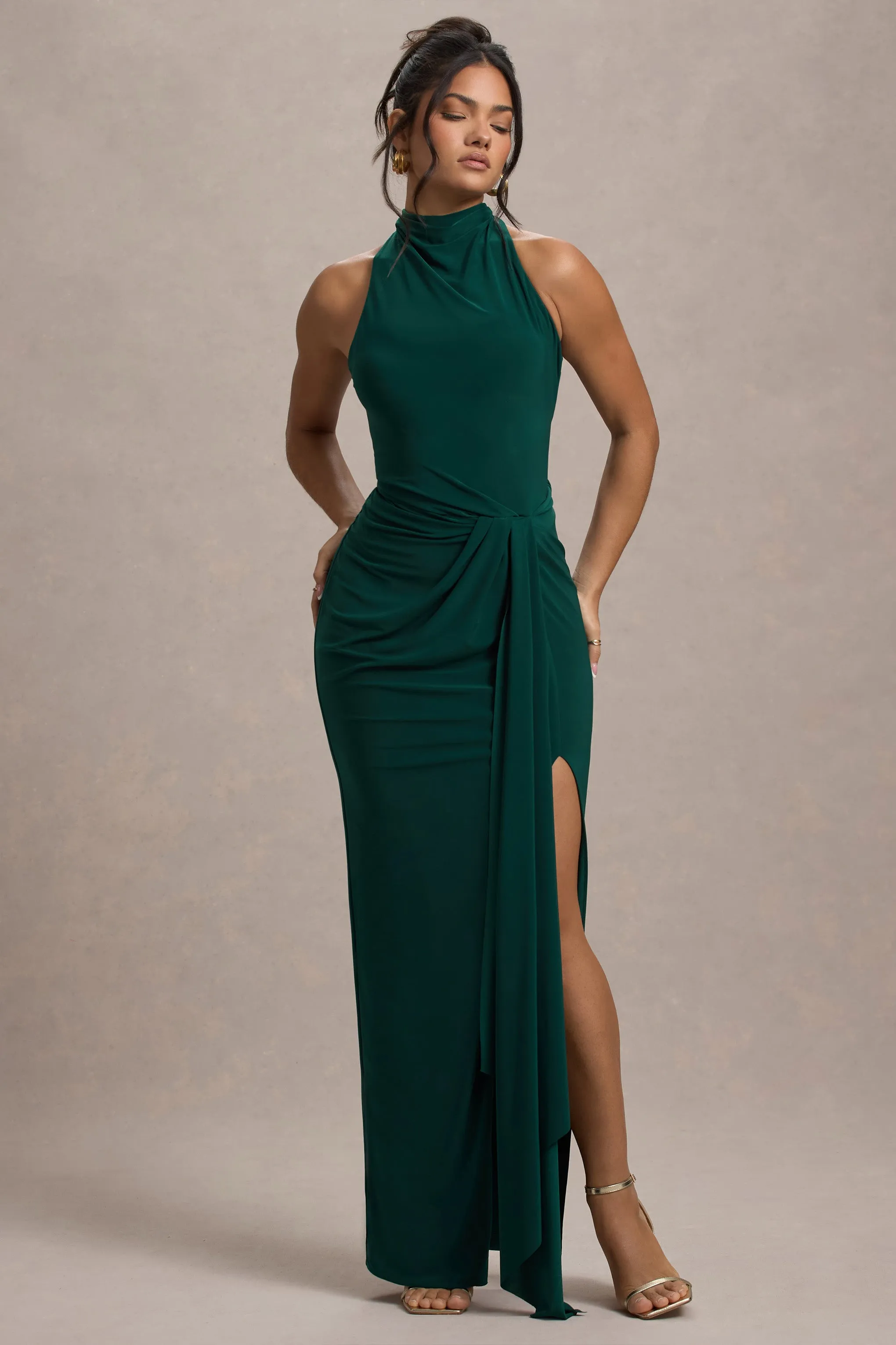 Khari | Bottle Green High-Neck Twisted Maxi Dress With Drape Club L London