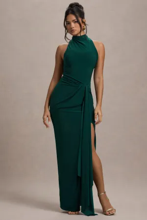 Khari | Bottle Green High-Neck Twisted Maxi Dress With Drape Club L London