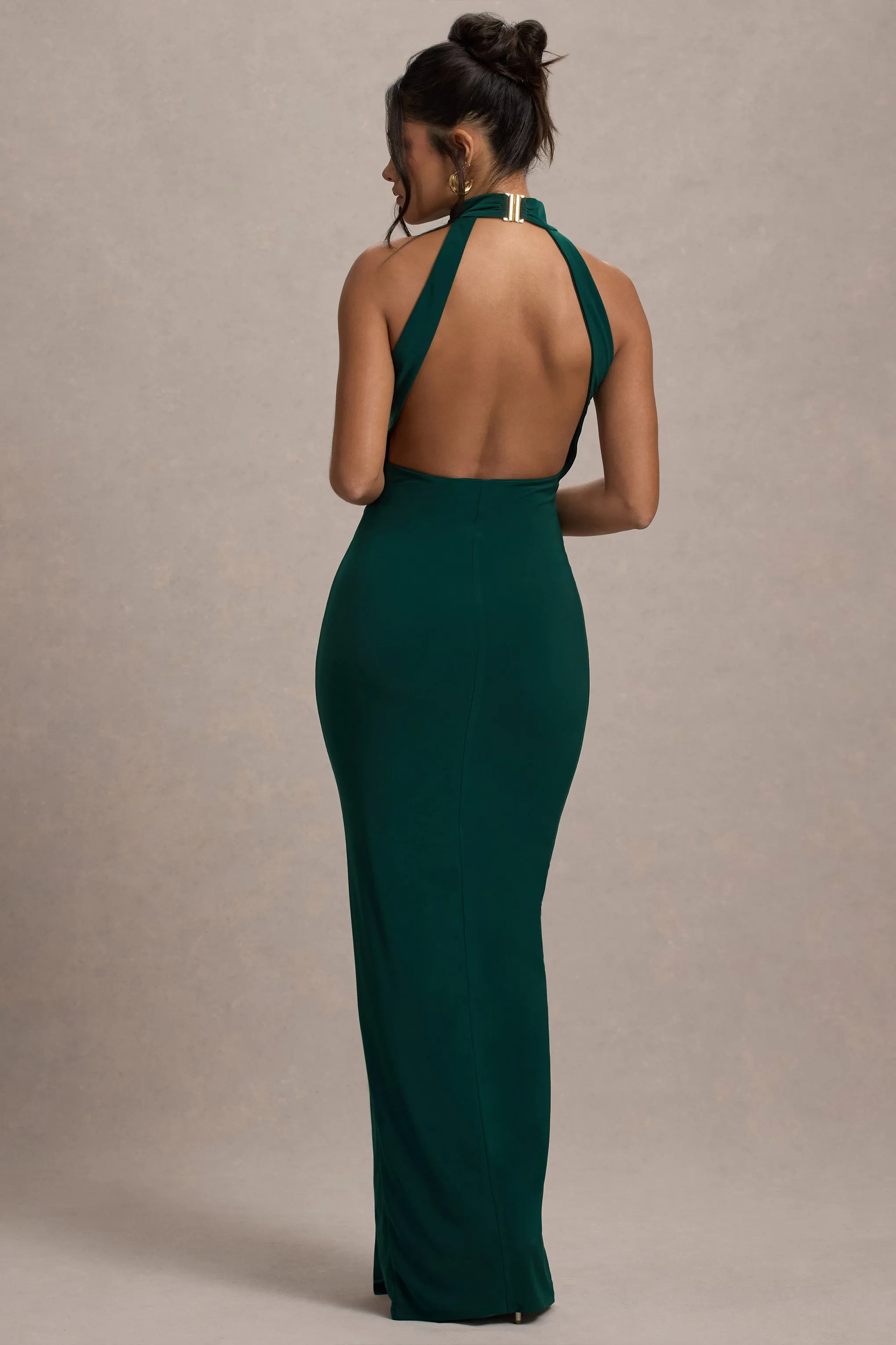 Khari | Bottle Green High-Neck Twisted Maxi Dress With Drape Club L London