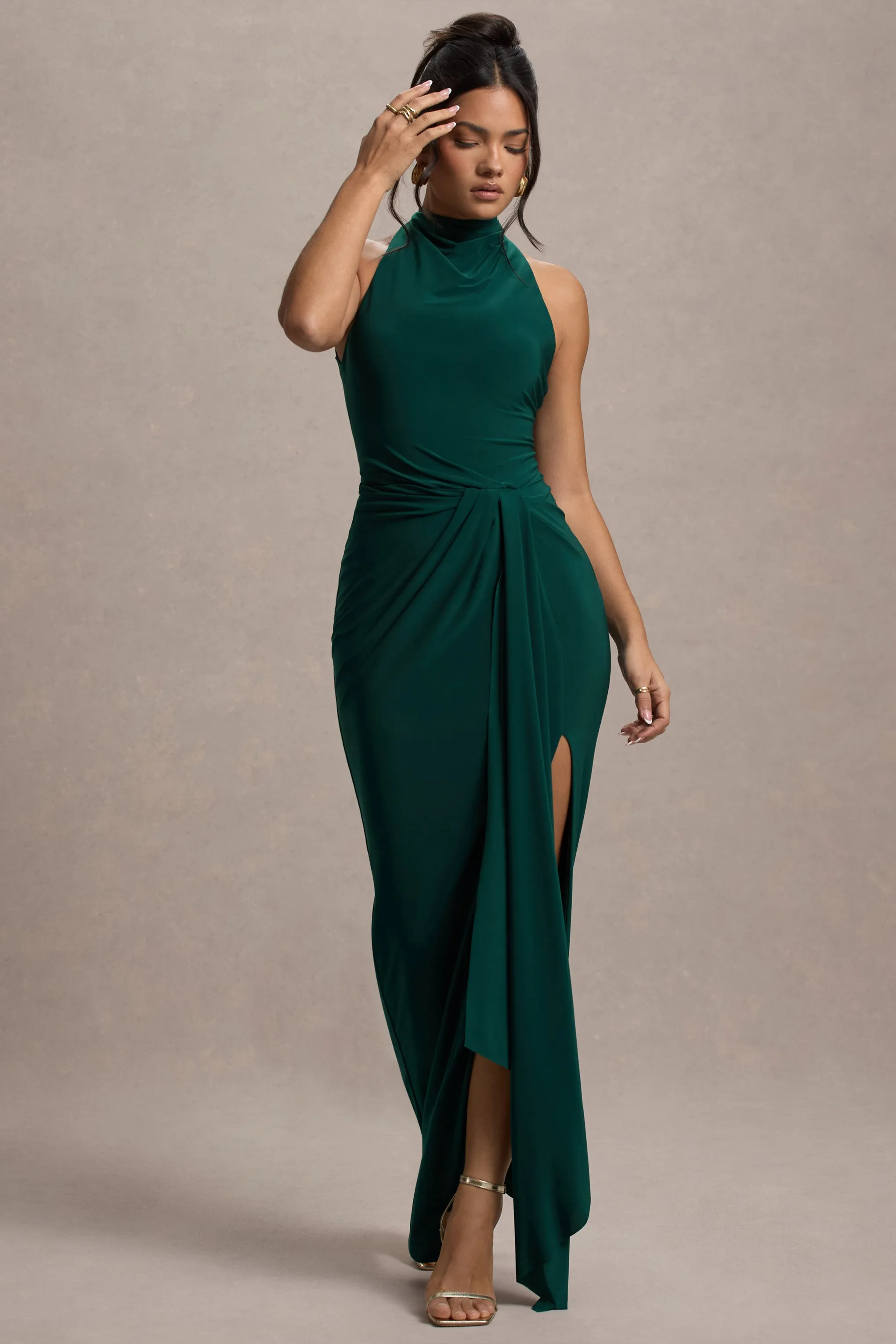 Khari | Bottle Green High-Neck Twisted Maxi Dress With Drape Club L London