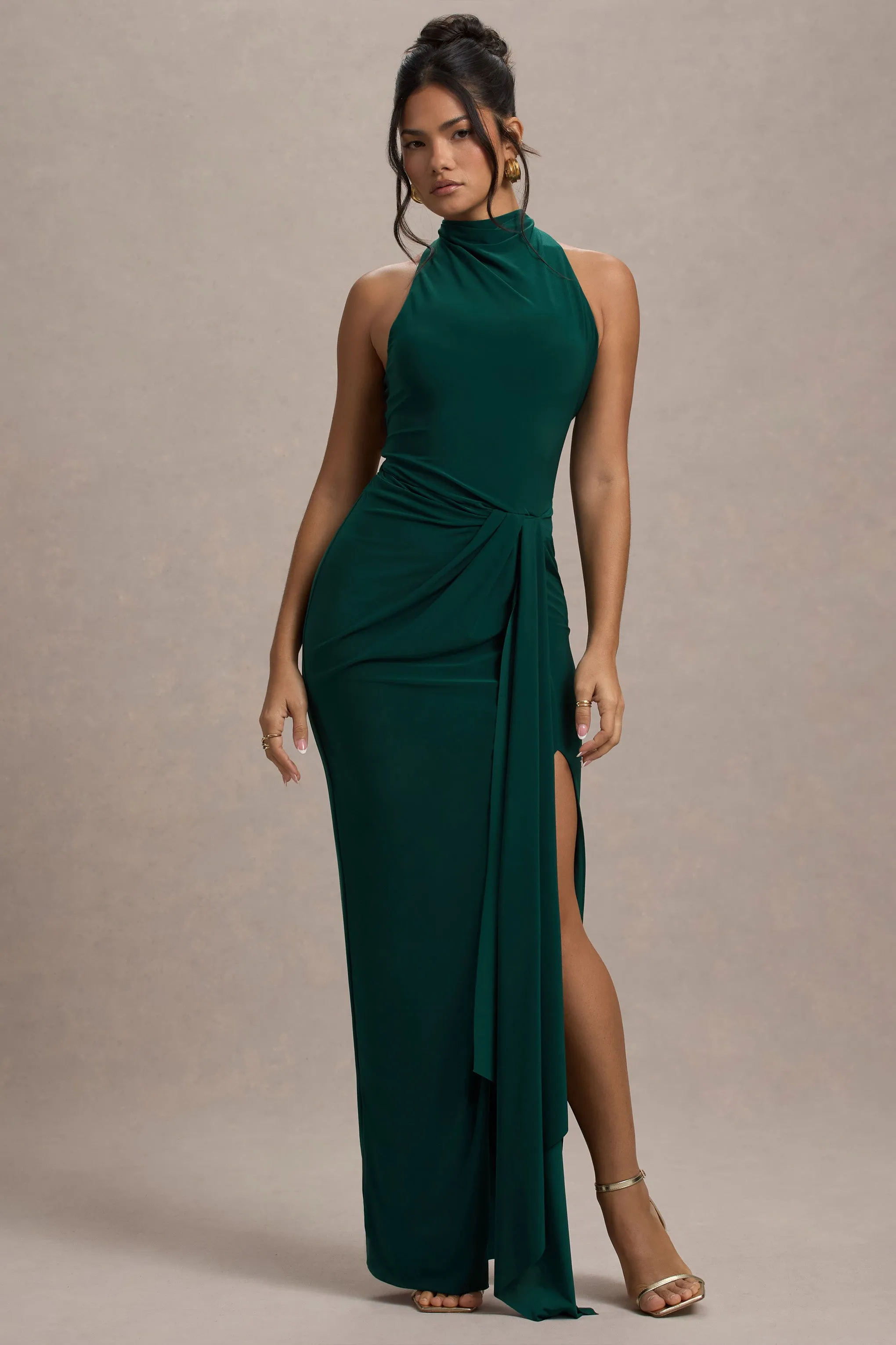 Khari | Bottle Green High-Neck Twisted Maxi Dress With Drape Club L London