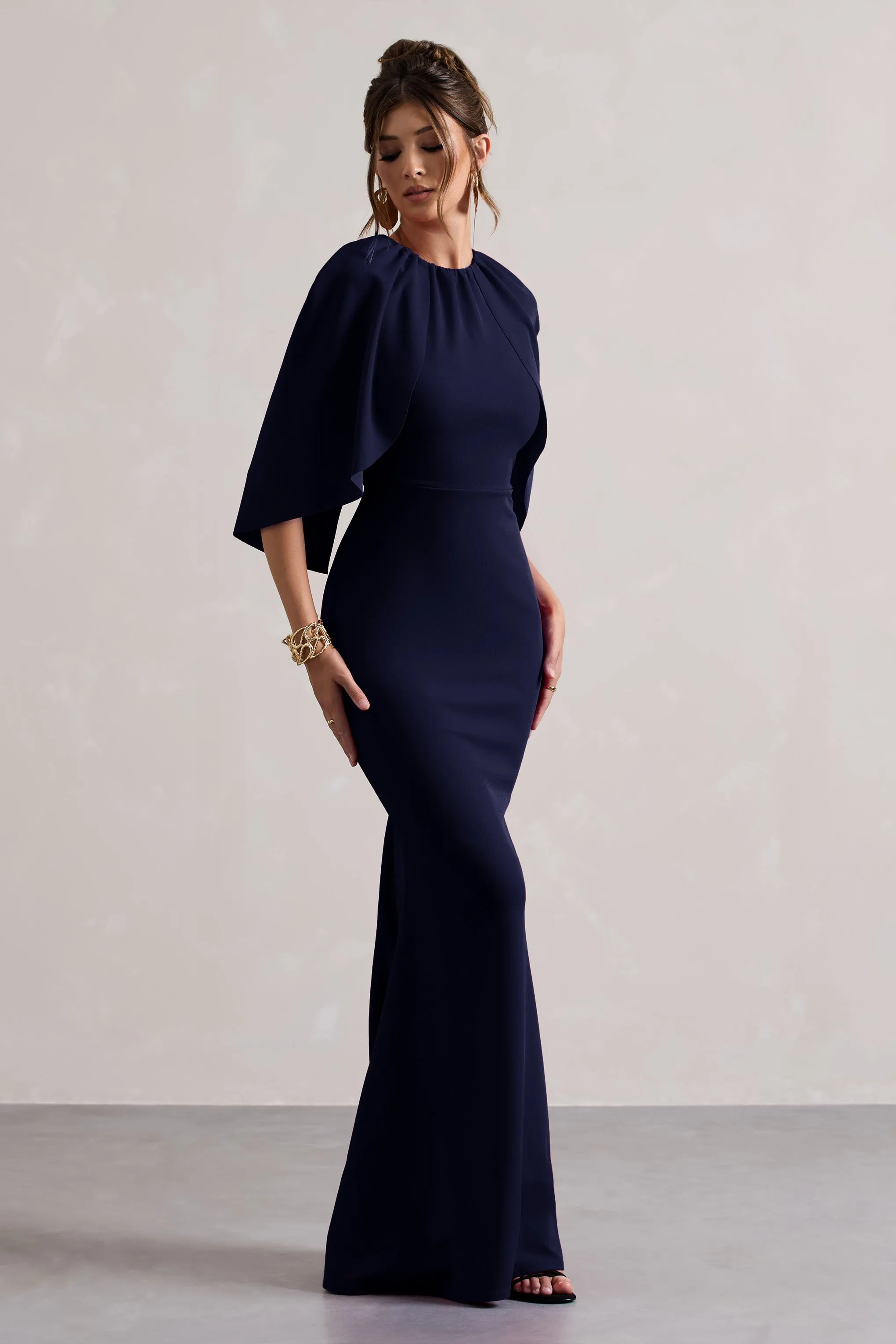 Kianne | Navy Draped Short-Sleeve Maxi Dress Club L London