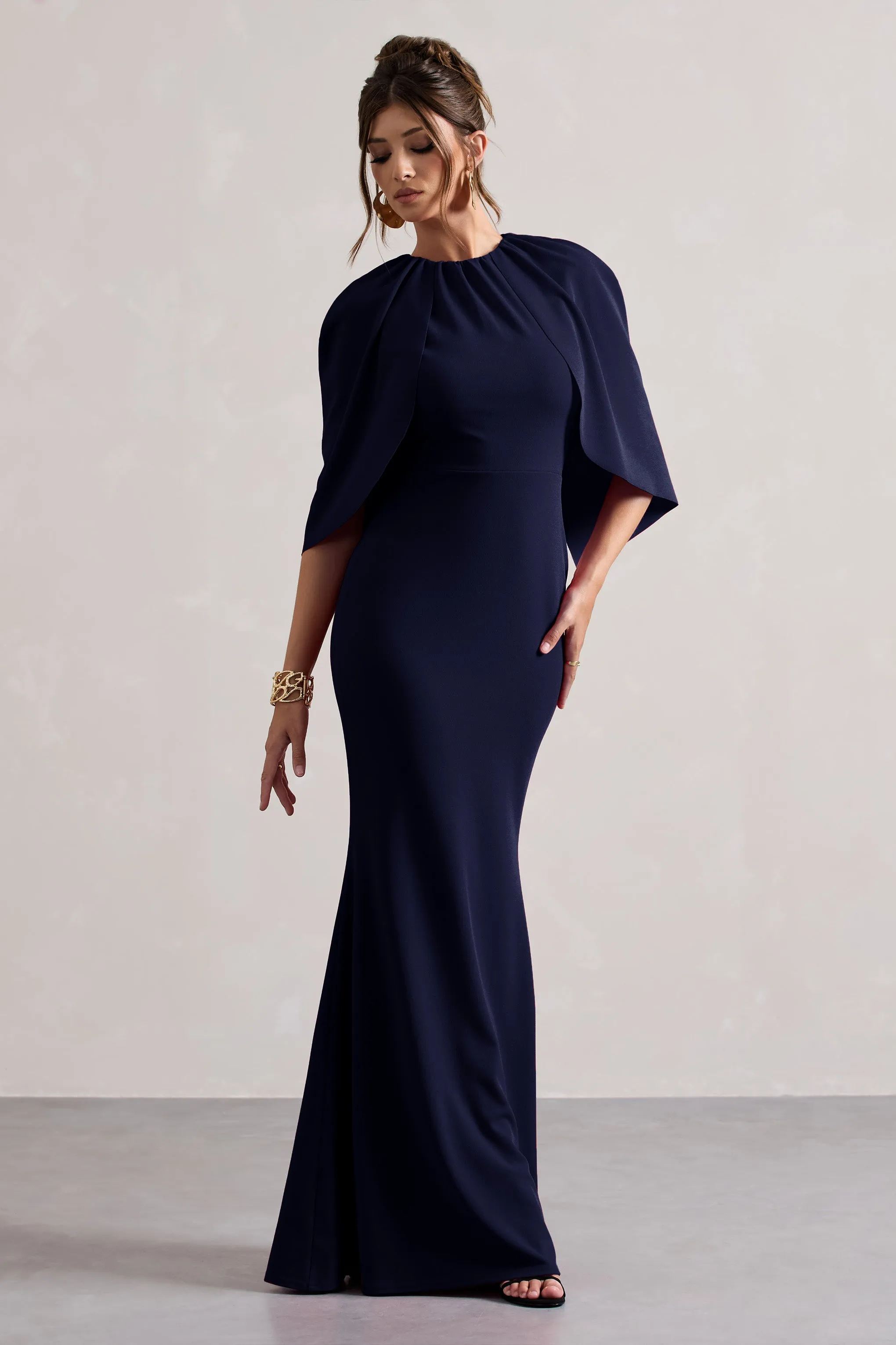 Kianne | Navy Draped Short-Sleeve Maxi Dress Club L London