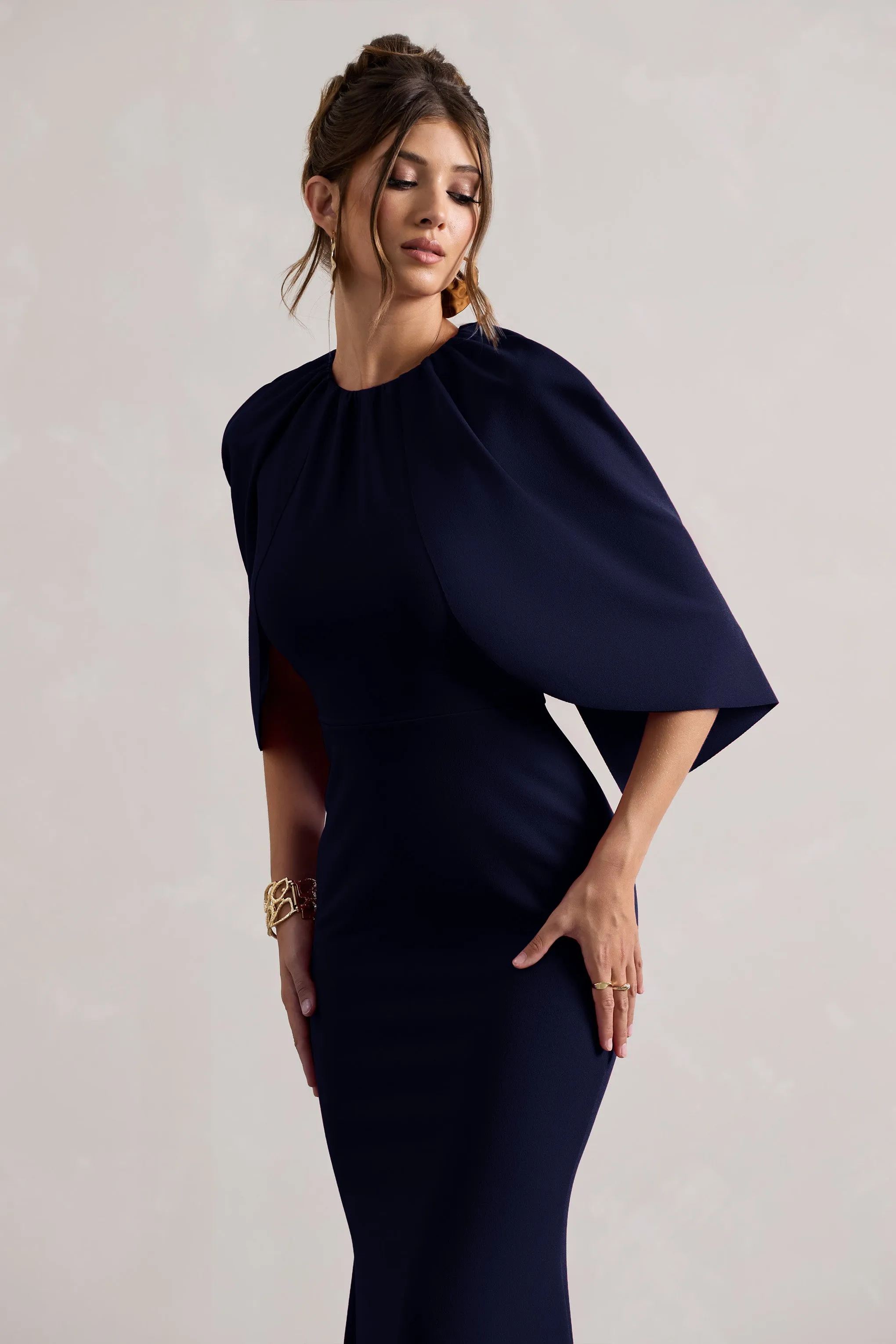 Kianne | Navy Draped Short-Sleeve Maxi Dress Club L London