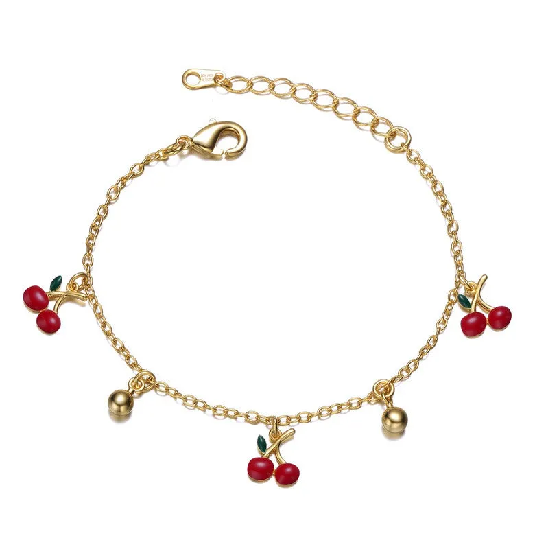 Kids 14k Gold Plated Red Cherry Charms Bracelet