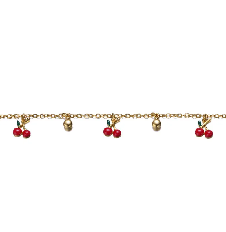 Kids 14k Gold Plated Red Cherry Charms Bracelet