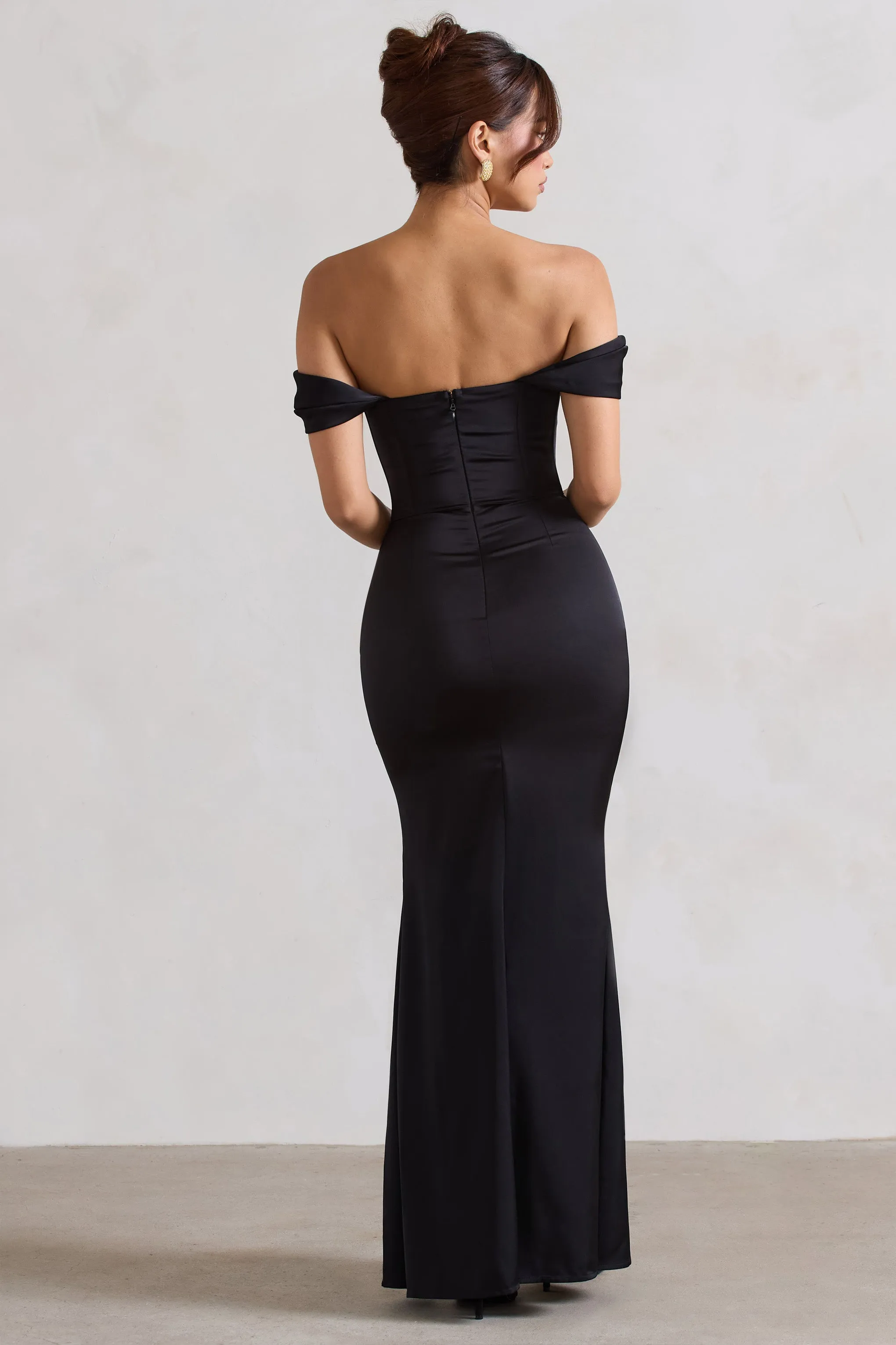Kimberly | Black Bardot Satin Maxi Dress Club L London