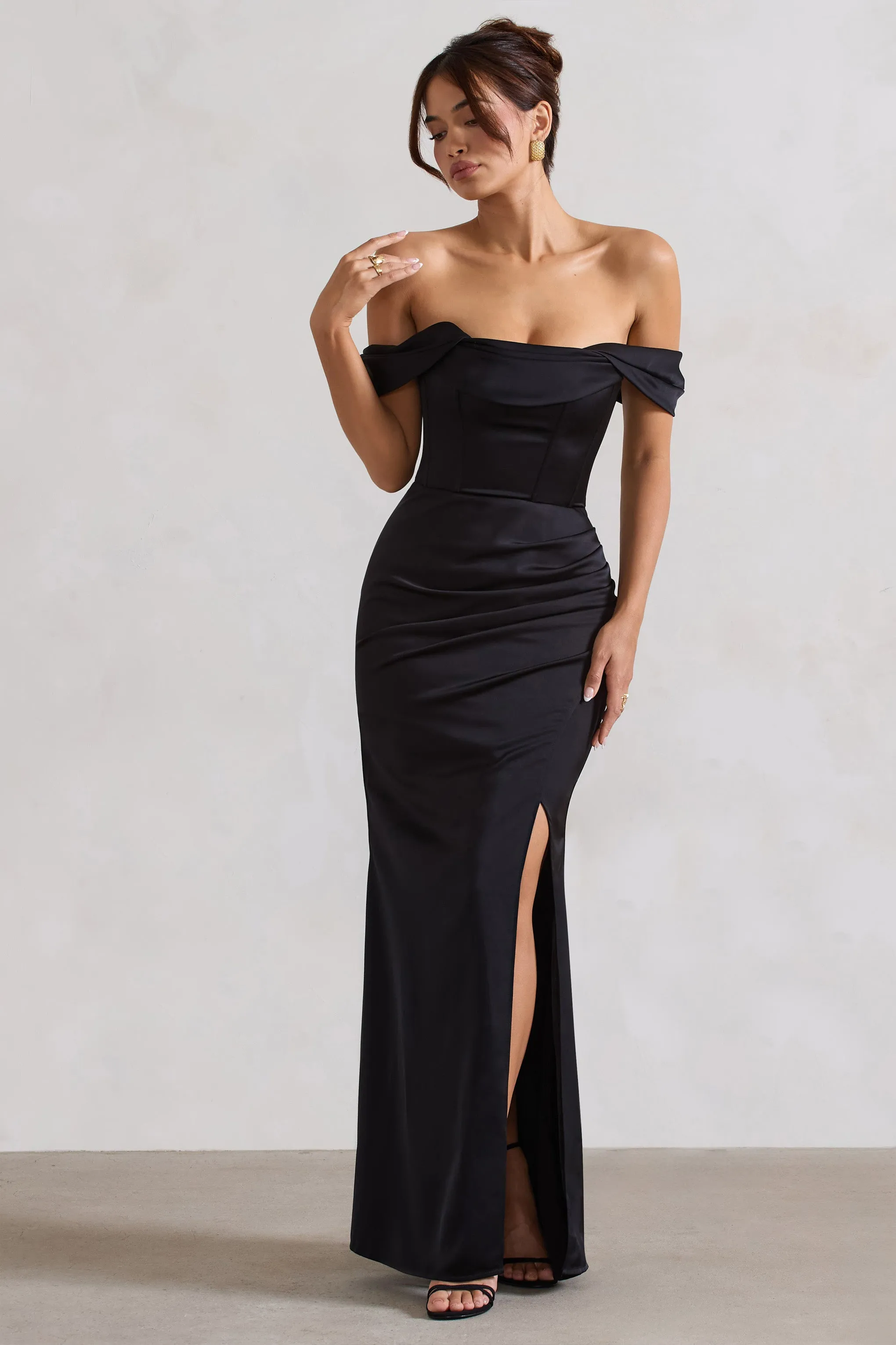 Kimberly | Black Bardot Satin Maxi Dress Club L London