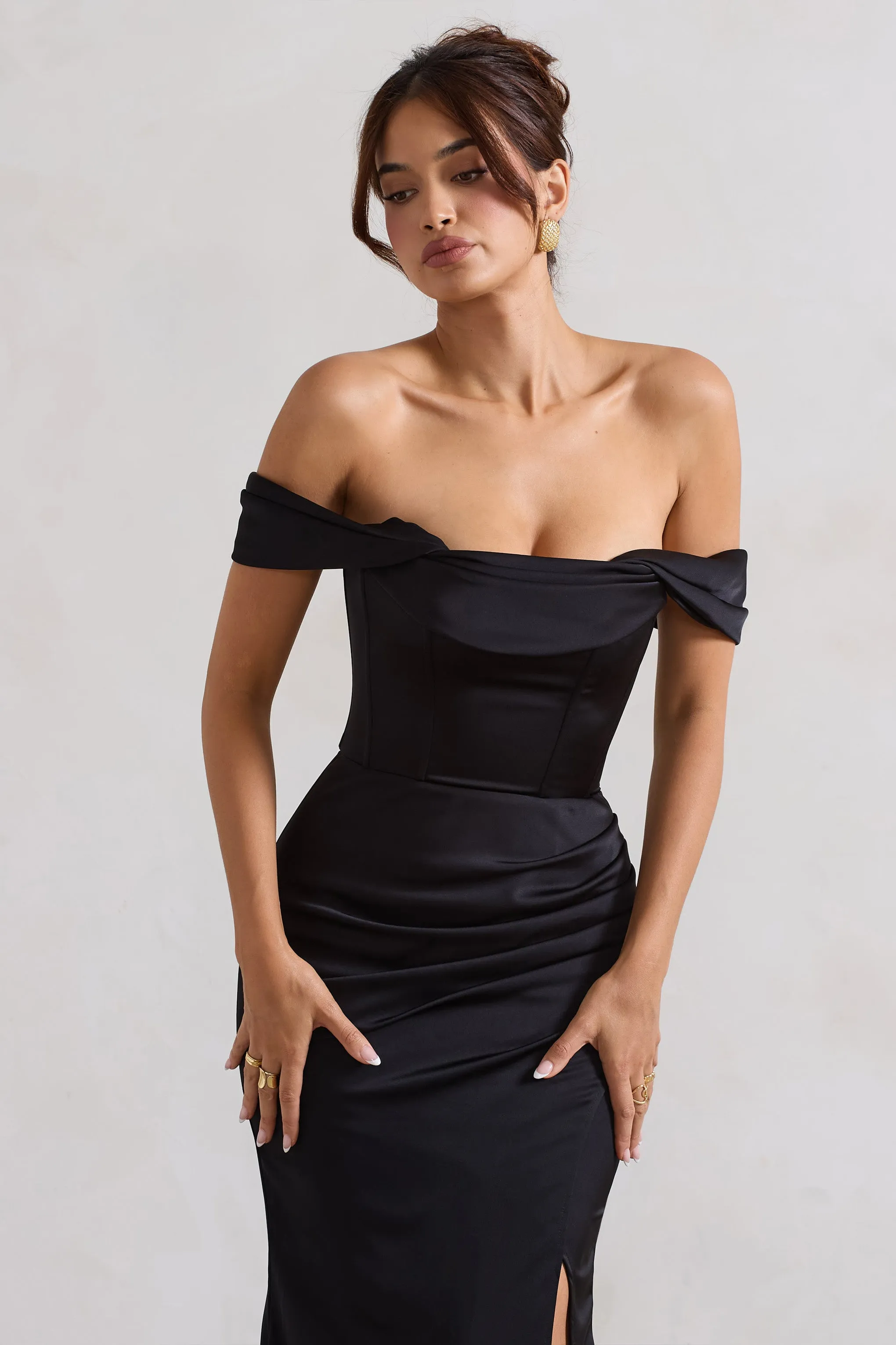 Kimberly | Black Bardot Satin Maxi Dress Club L London