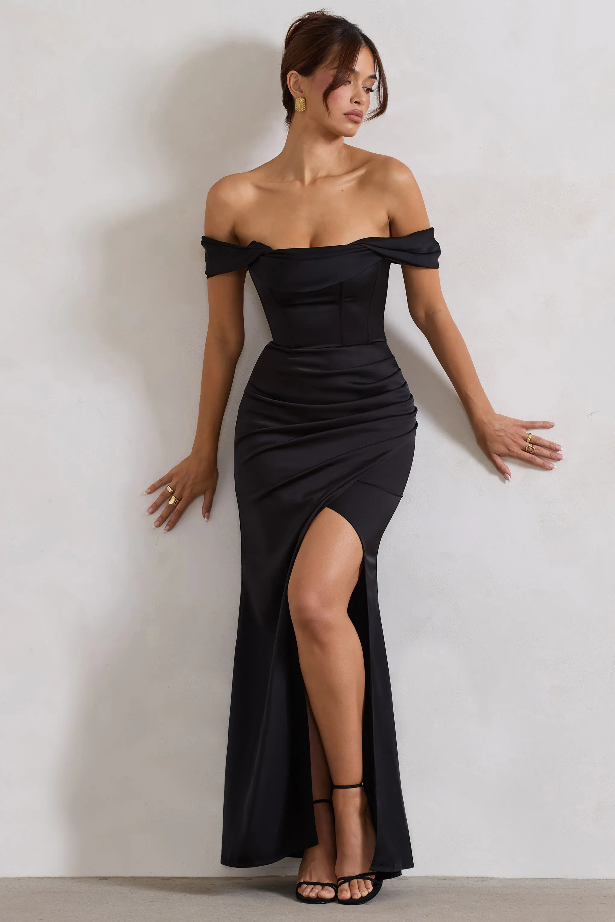 Kimberly | Black Bardot Satin Maxi Dress Club L London