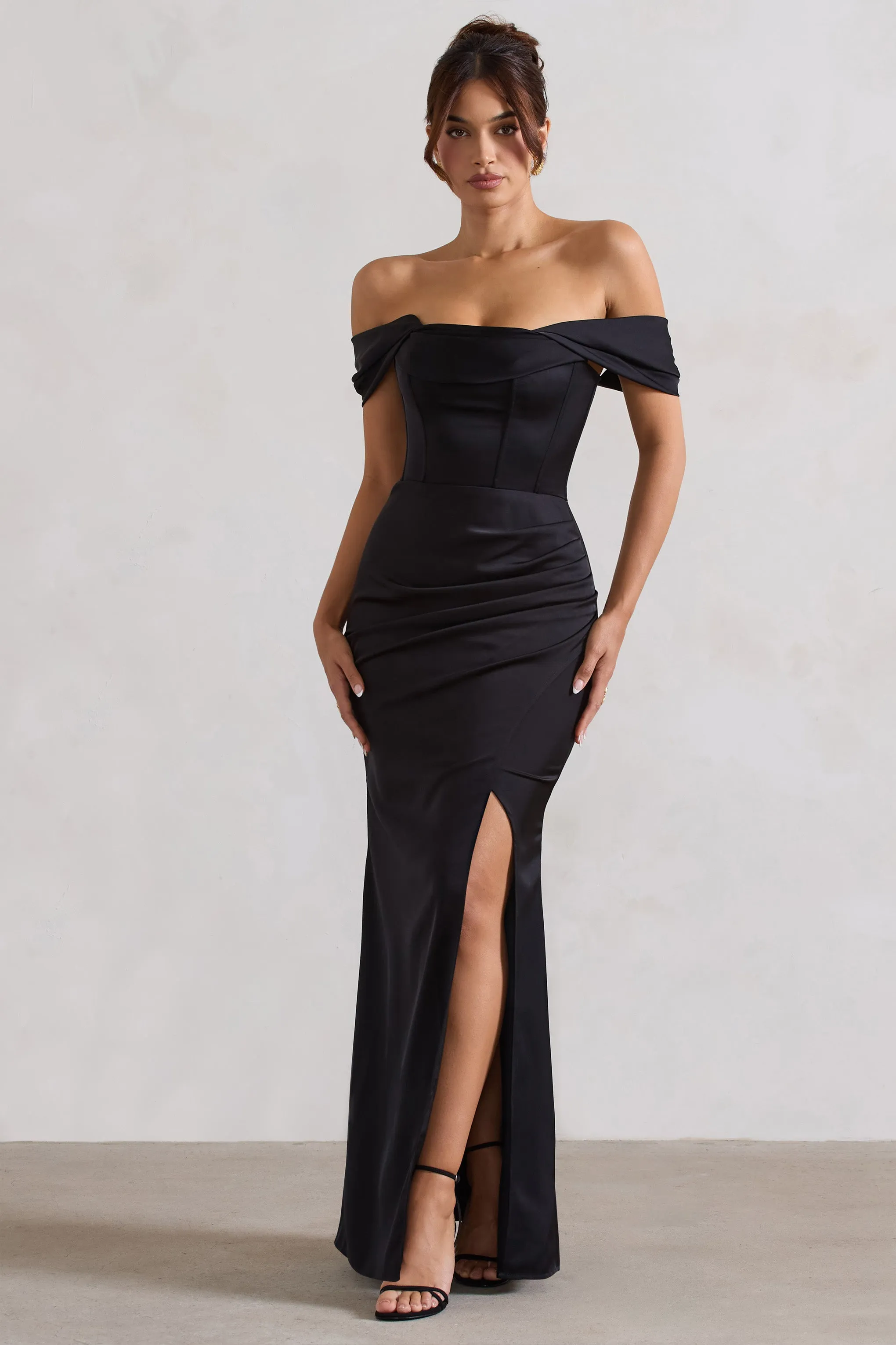 Kimberly | Black Bardot Satin Maxi Dress Club L London