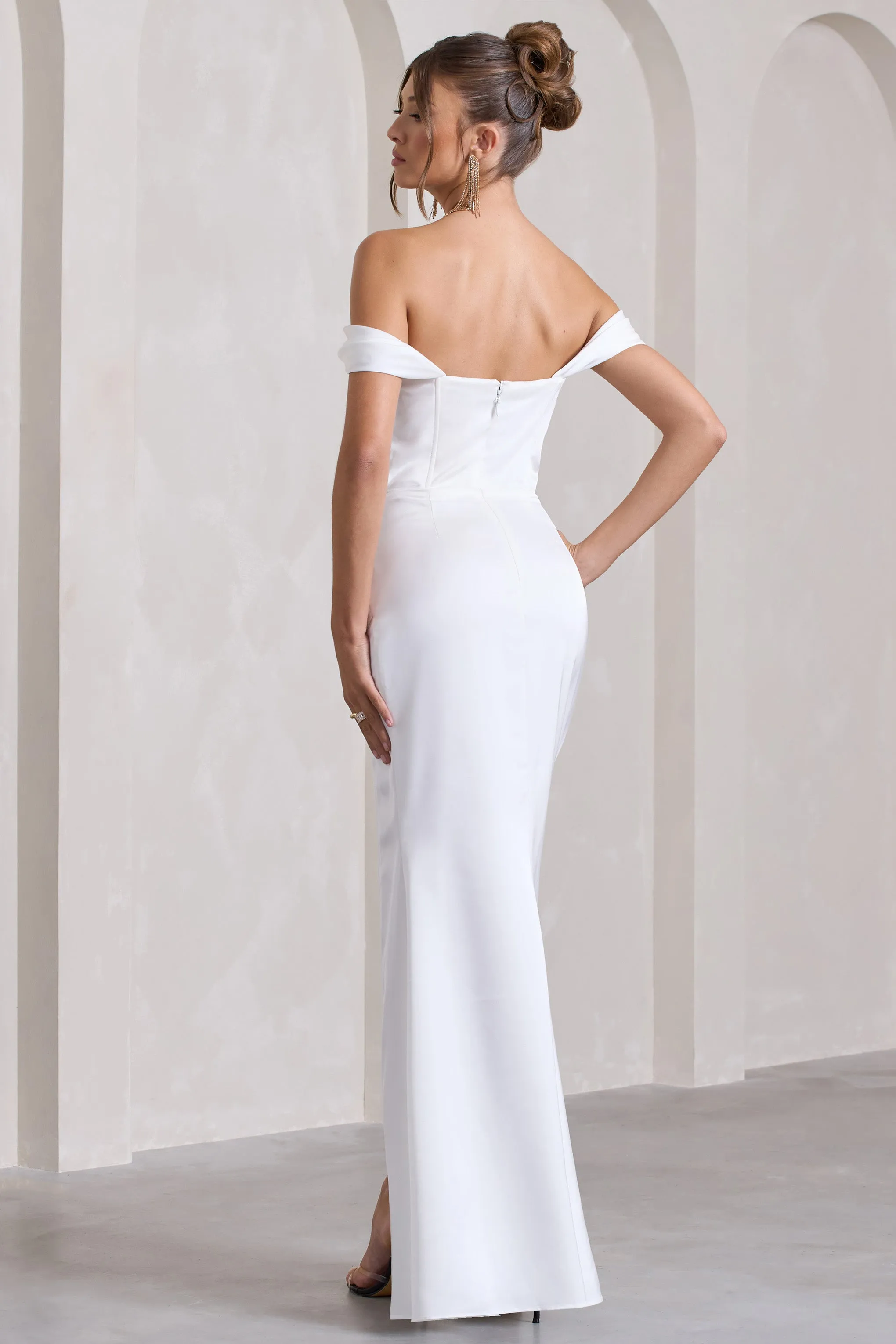 Kimberly | White Bardot Satin Maxi Dress Club L London