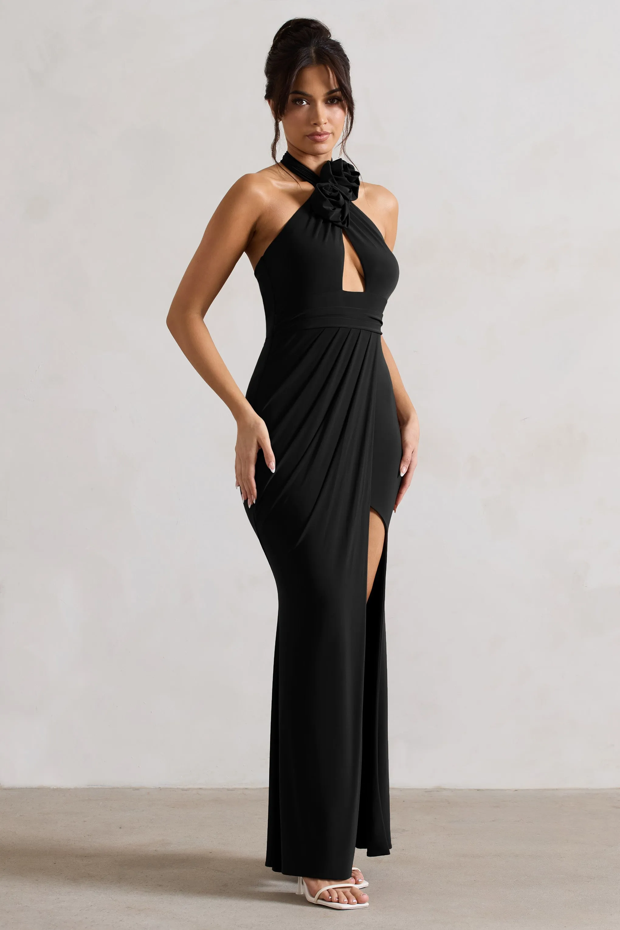 Kira | Black Halter-Neck Cut-Out Split Maxi Dress With Flowers Club L London