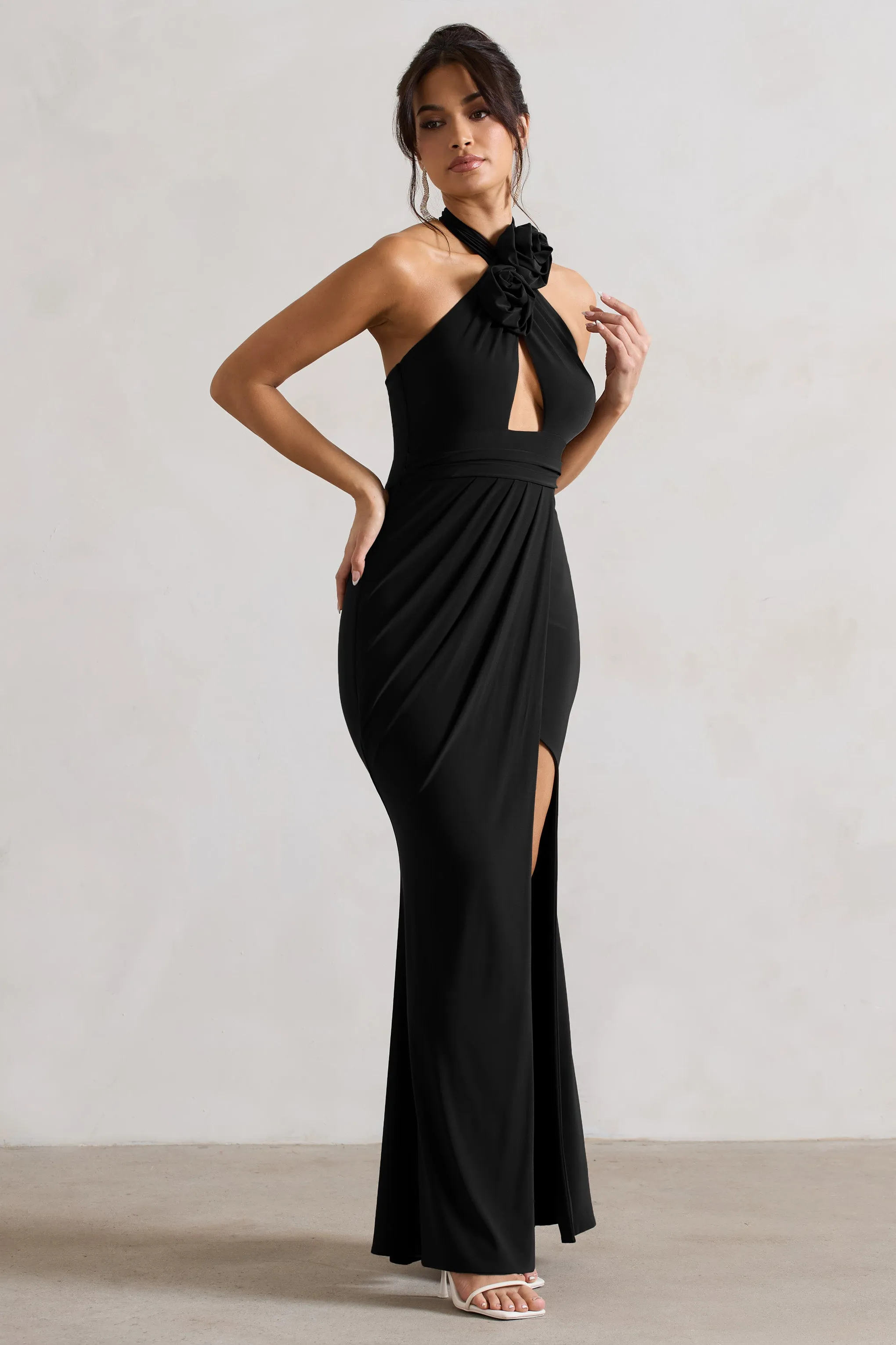 Kira | Black Halter-Neck Cut-Out Split Maxi Dress With Flowers Club L London