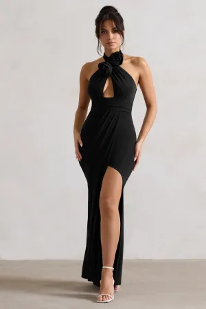 Kira | Black Halter-Neck Cut-Out Split Maxi Dress With Flowers Club L London