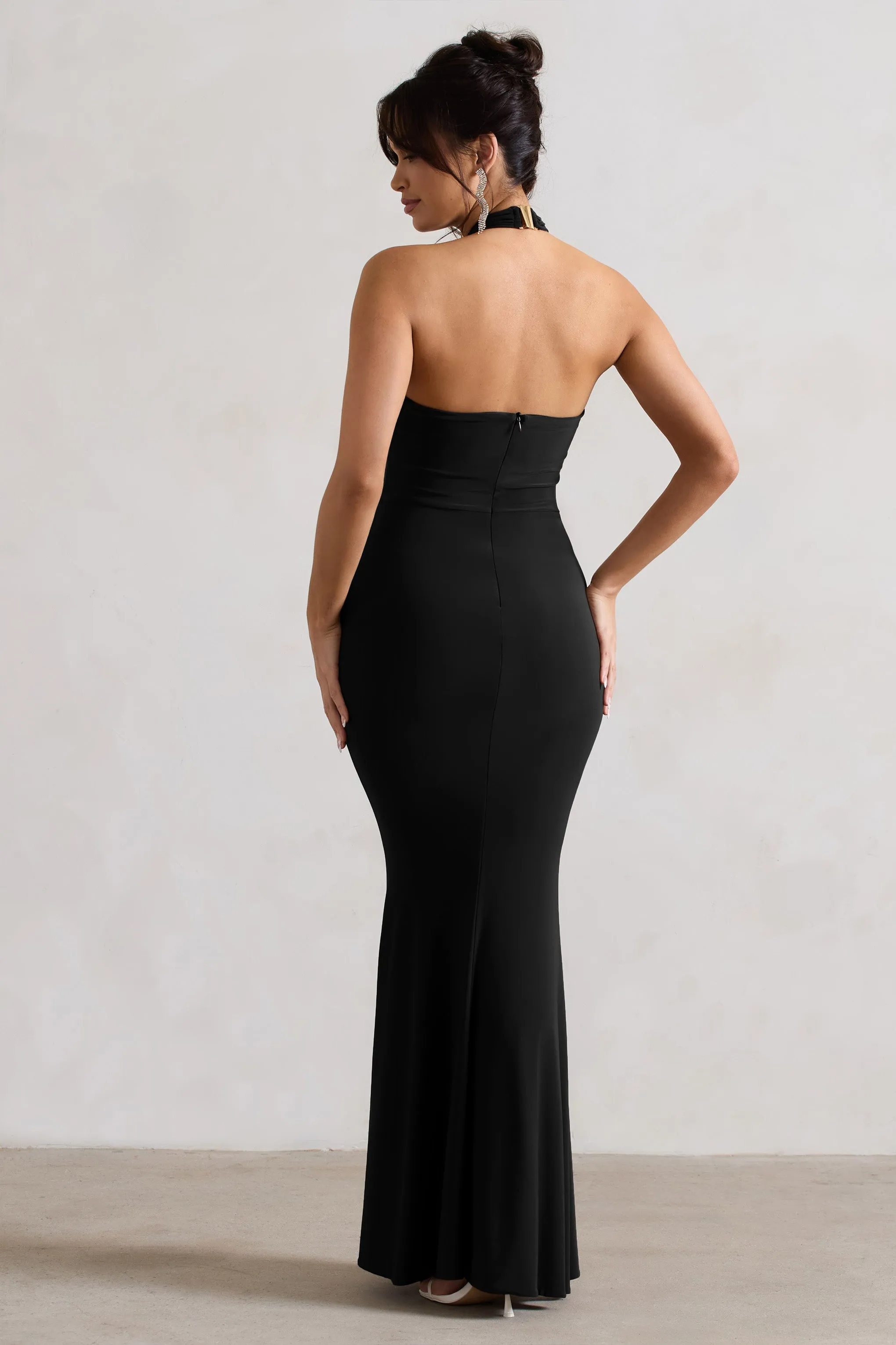 Kira | Black Halter-Neck Cut-Out Split Maxi Dress With Flowers Club L London