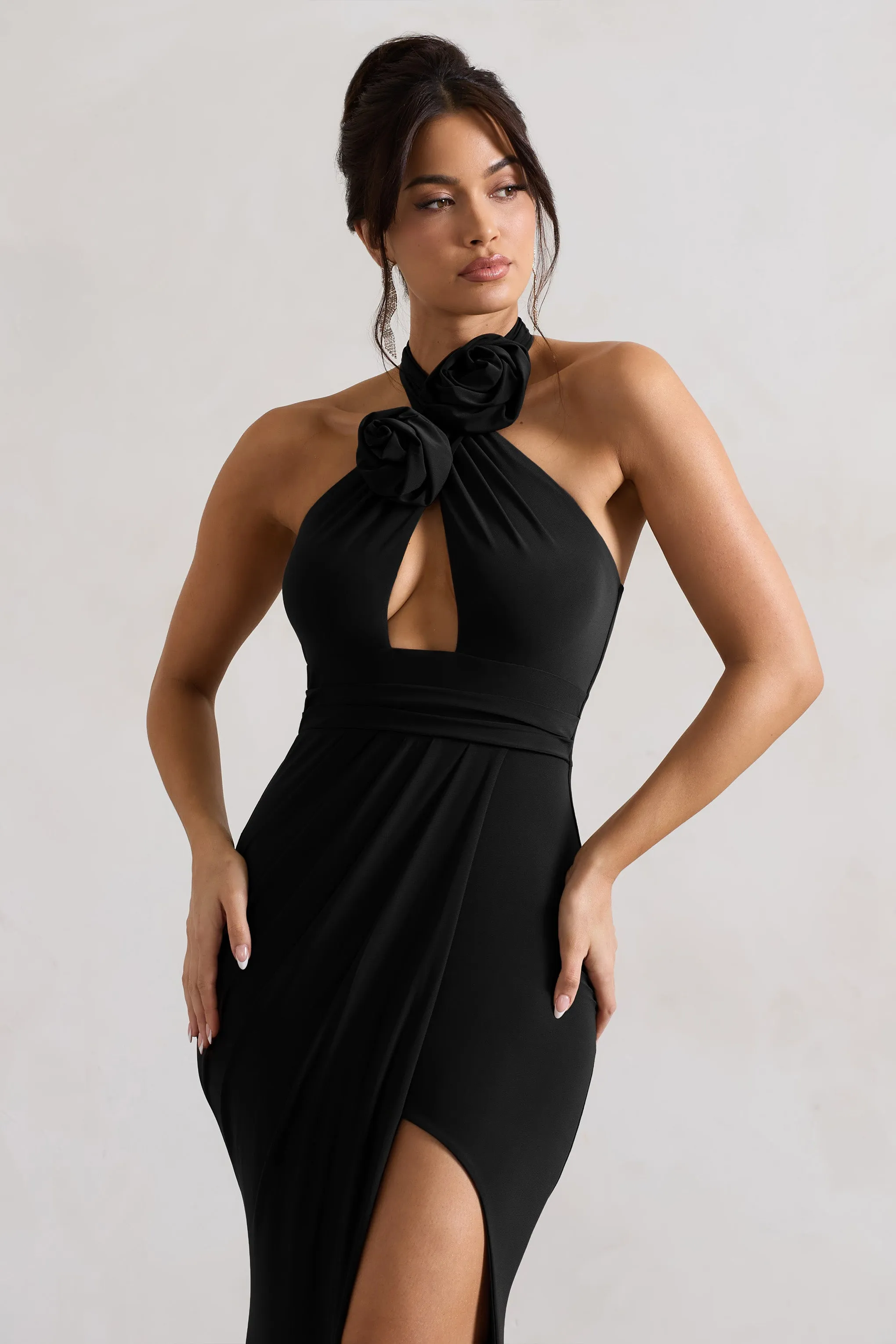 Kira | Black Halter-Neck Cut-Out Split Maxi Dress With Flowers Club L London