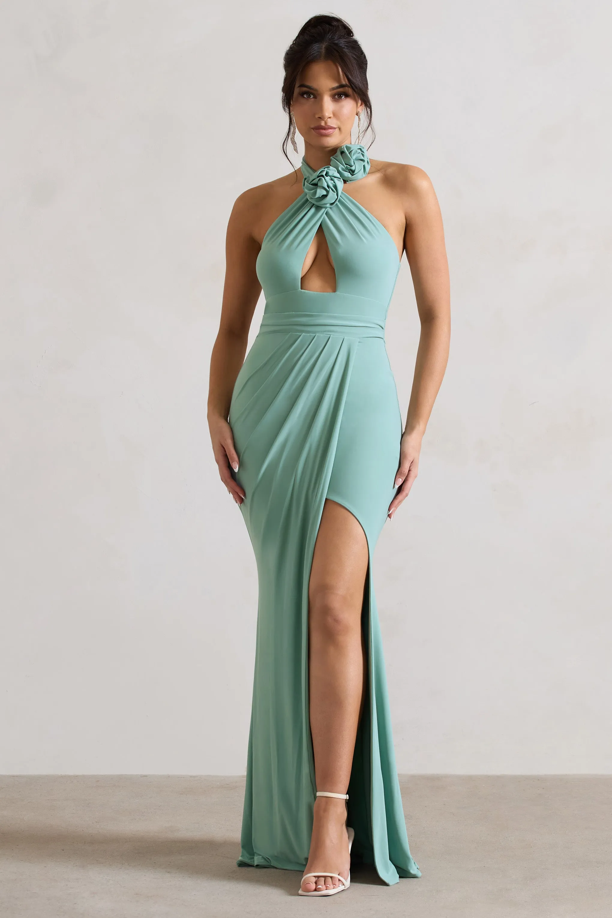 Kira | Sage Halter-Neck Cut-Out Split Maxi Dress With Flowers Club L London