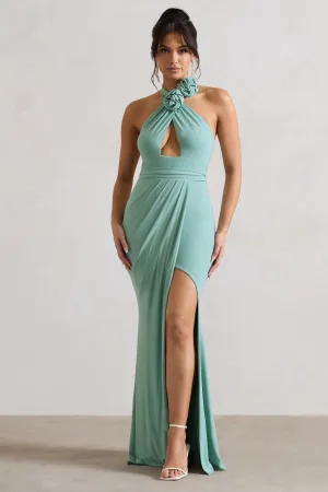 Kira | Sage Halter-Neck Cut-Out Split Maxi Dress With Flowers Club L London