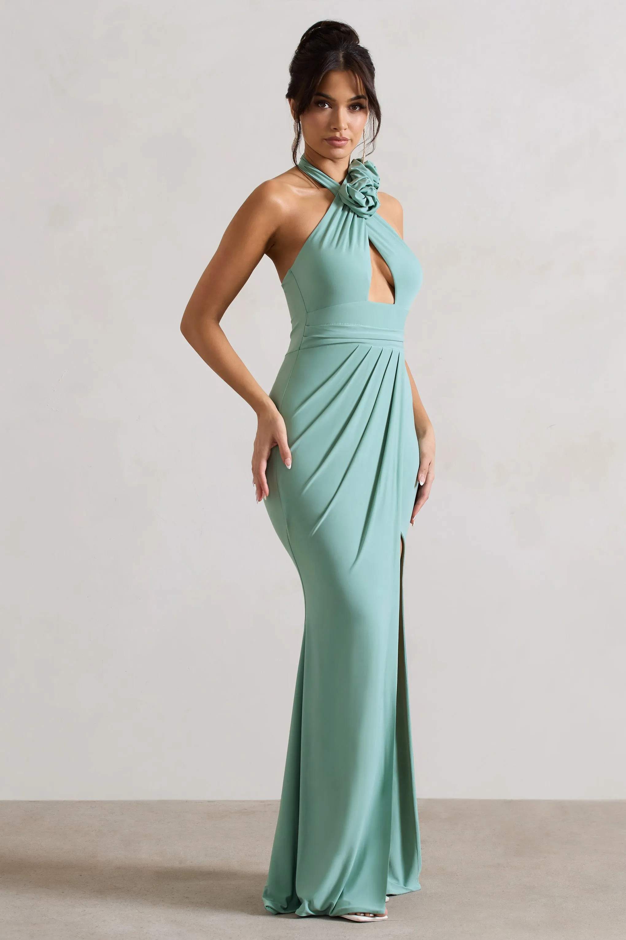 Kira | Sage Halter-Neck Cut-Out Split Maxi Dress With Flowers Club L London