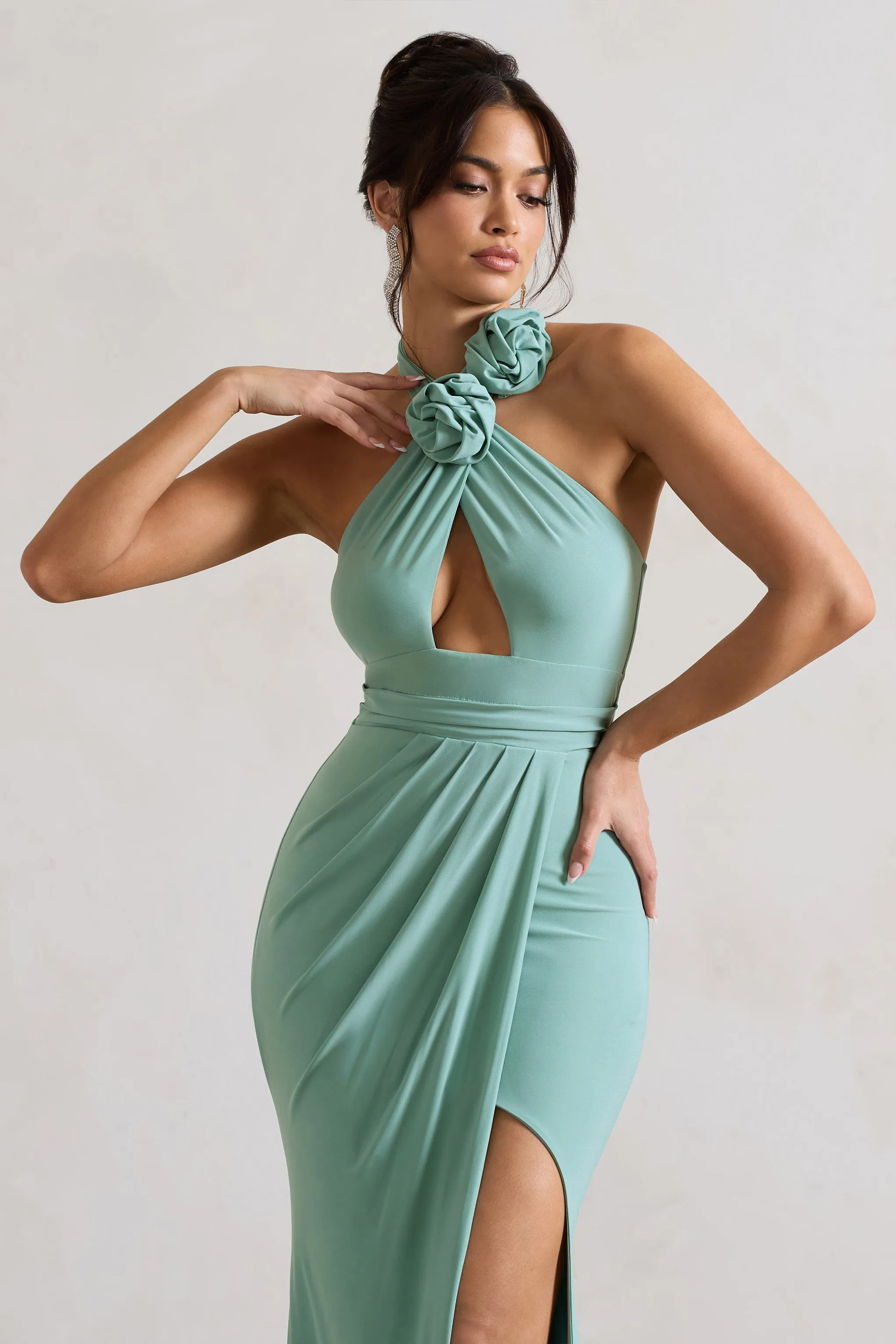 Kira | Sage Halter-Neck Cut-Out Split Maxi Dress With Flowers Club L London