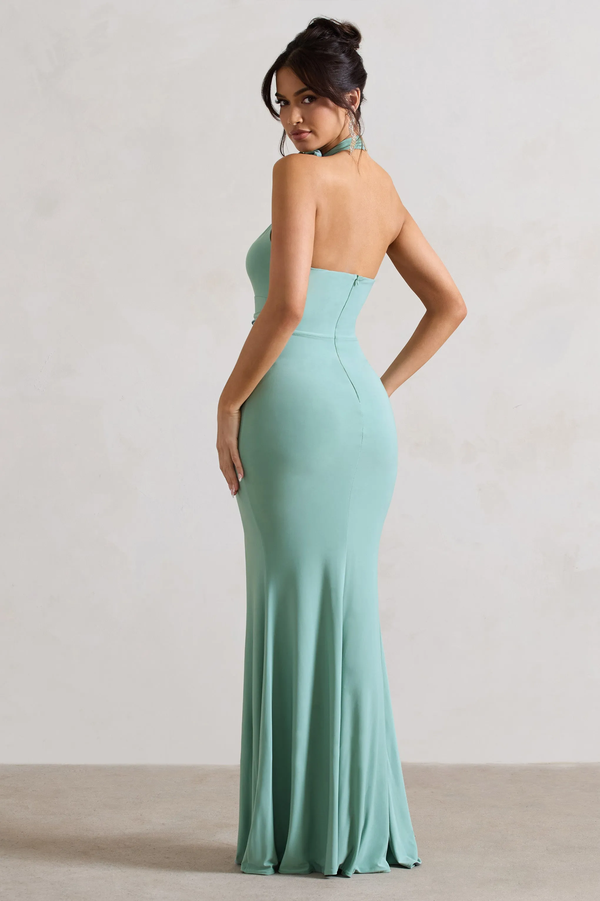 Kira | Sage Halter-Neck Cut-Out Split Maxi Dress With Flowers Club L London